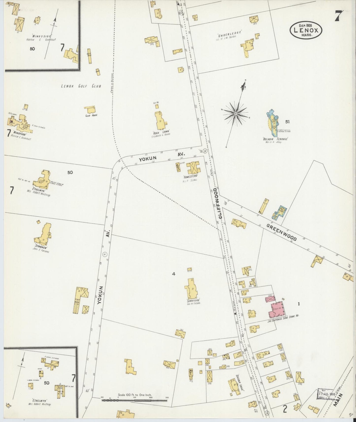 Sanborn Fire Insurance Map from Lenox, Berkshire County, Massachusetts (1905), Sheet #0007 - Historic Sanborn Fire Insurance Map Print, vintage old map wall art, antique decor, genealogy gift, Massachusetts Massachusetts map