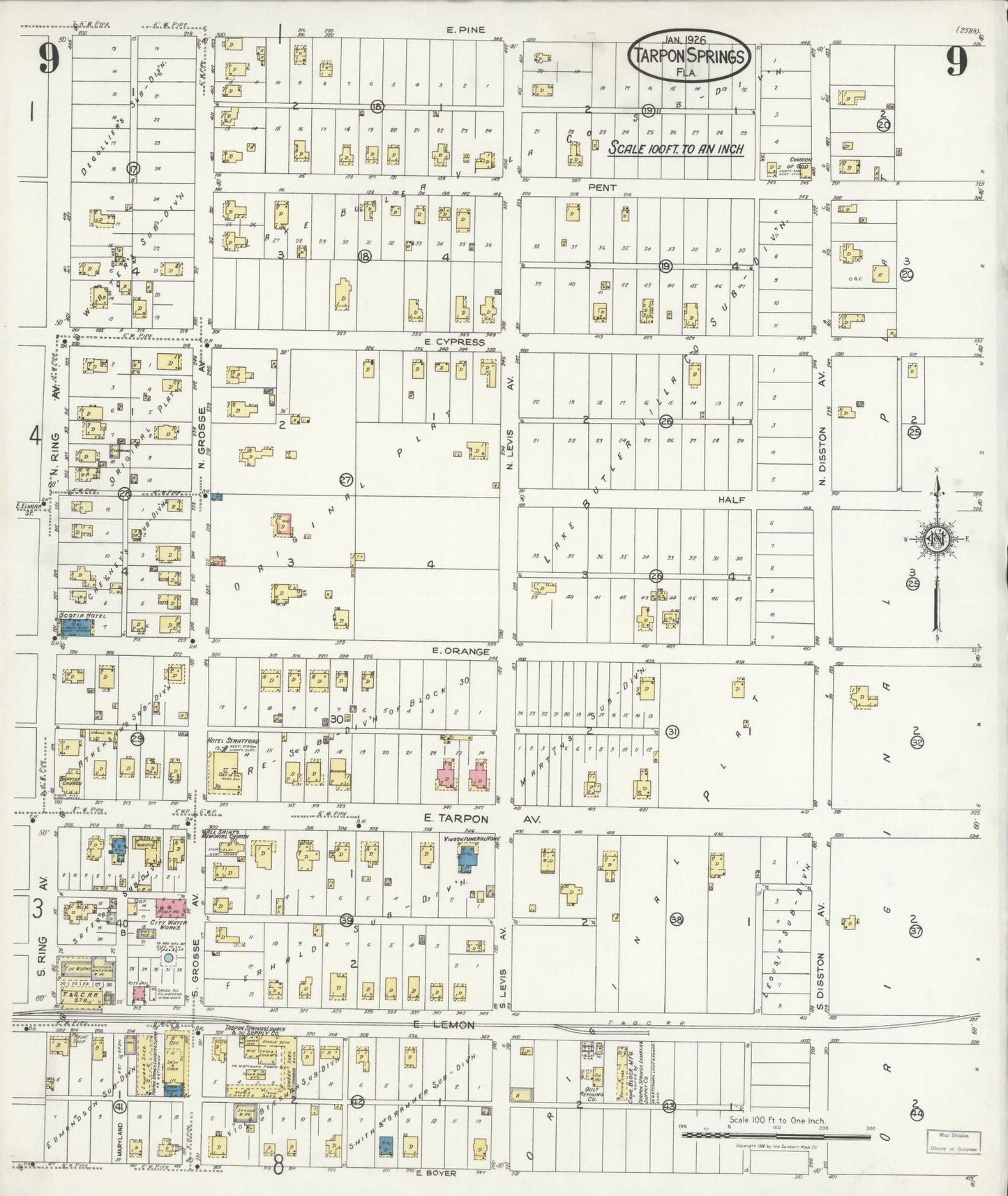 Sanborn Fire Insurance Map from Tarpon Springs, Pinellas County, Florida (1926), Sheet #0009 - Complete Map Set gallery image, historic Sanborn map, vintage wall art, Florida Florida