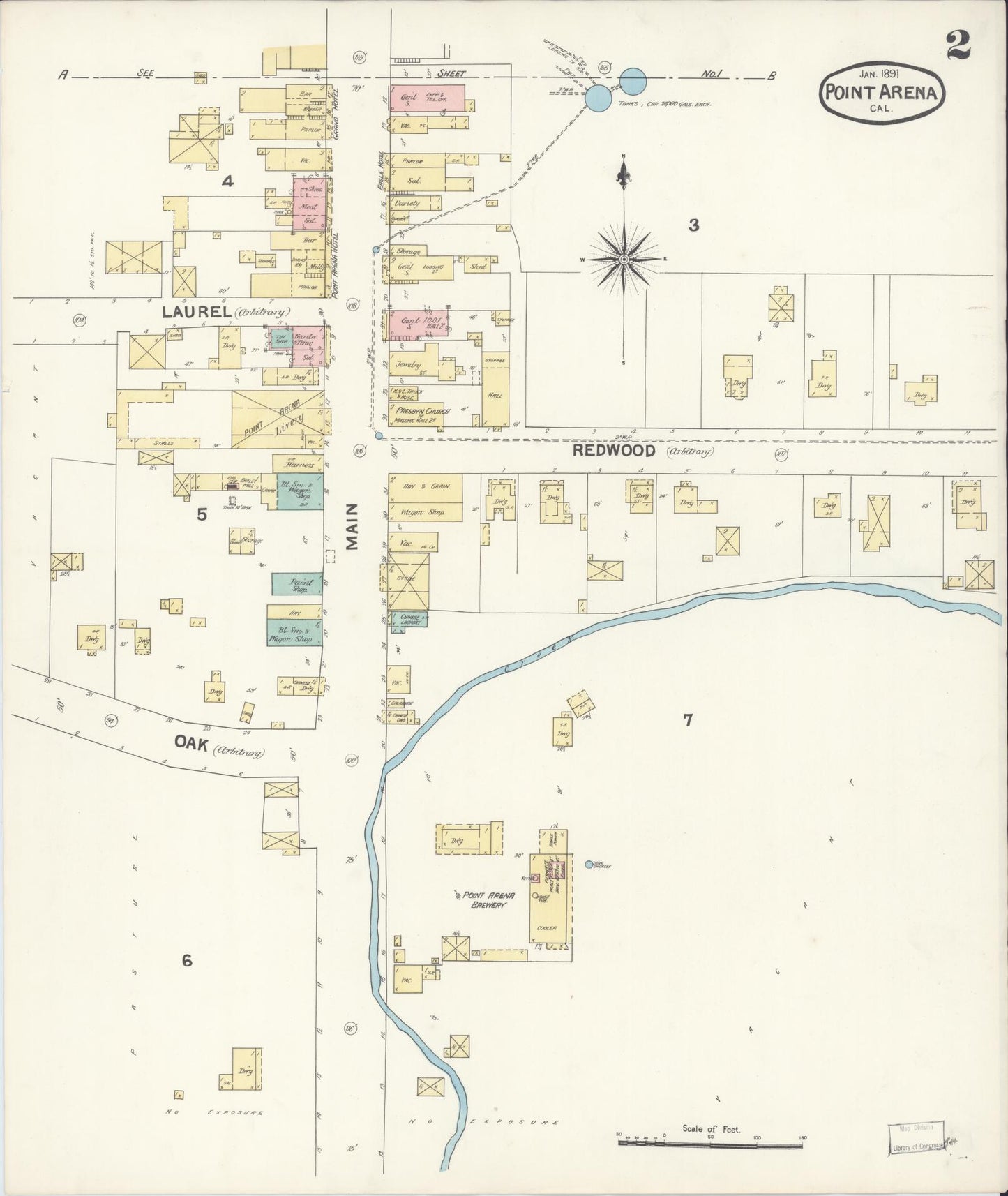 Sanborn Fire Insurance Map from Point Arena, Mendocino County, California (1891), Sheet #0002 - Complete Map Set gallery image, historic Sanborn map, vintage wall art, California California