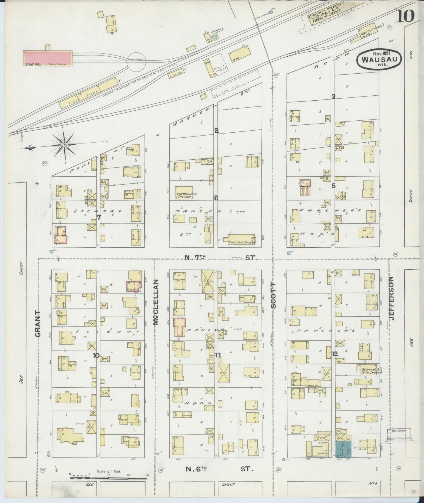 Sanborn Fire Insurance Map from Wausau, Marathon County, Wisconsin (1891), Sheet #0010 - Historic Sanborn Fire Insurance Map Print, vintage old map wall art, antique decor, genealogy gift, Wisconsin Wisconsin map