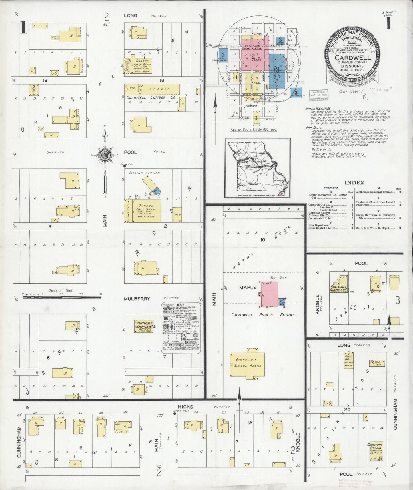 Sanborn Fire Insurance Map from Cardwell, Dunklin County, Missouri (1928), Sheet #0001 - Historic Sanborn Fire Insurance Map Print, vintage old map wall art, antique decor, genealogy gift, Missouri Missouri map