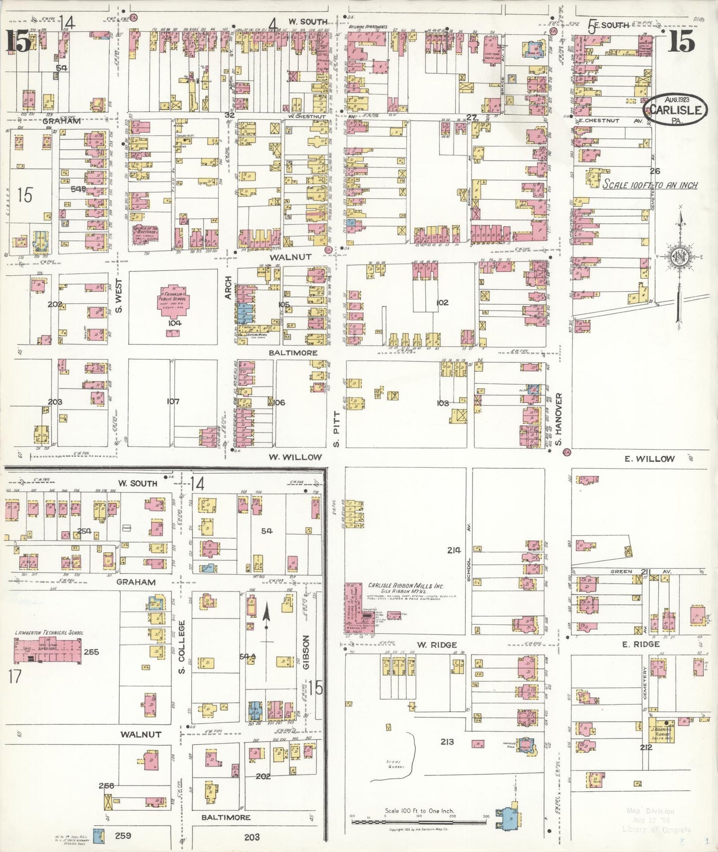 Sanborn Fire Insurance Map from Carlisle, Cumberland County, Pennsylvania (1923), Sheet #0015 - Historic Sanborn Fire Insurance Map Print, vintage old map wall art, antique decor, genealogy gift, Pennsylvania Pennsylvania map