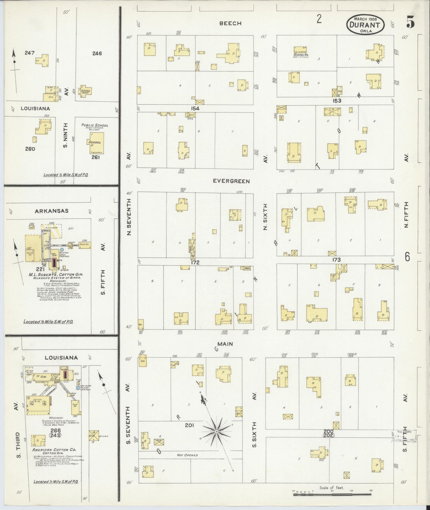Sanborn Fire Insurance Map from Durant, Bryan County, Oklahoma (1908), Sheet #0005 - Historic Sanborn Fire Insurance Map Print, vintage old map wall art, antique decor, genealogy gift, Oklahoma Oklahoma map