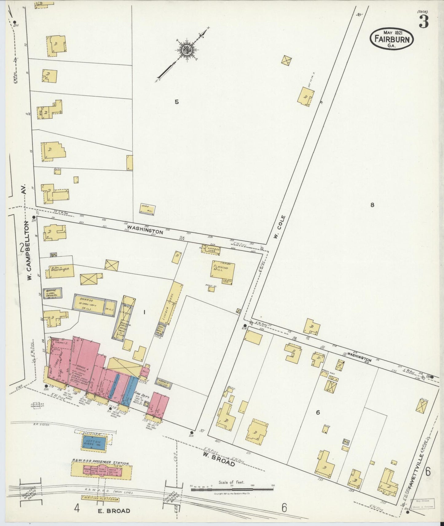 Sanborn Fire Insurance Map from Fairburn, Fulton County, Georgia (1921), Sheet #0003 - Historic Sanborn Fire Insurance Map Print, vintage old map wall art, antique decor, genealogy gift, Georgia Georgia map