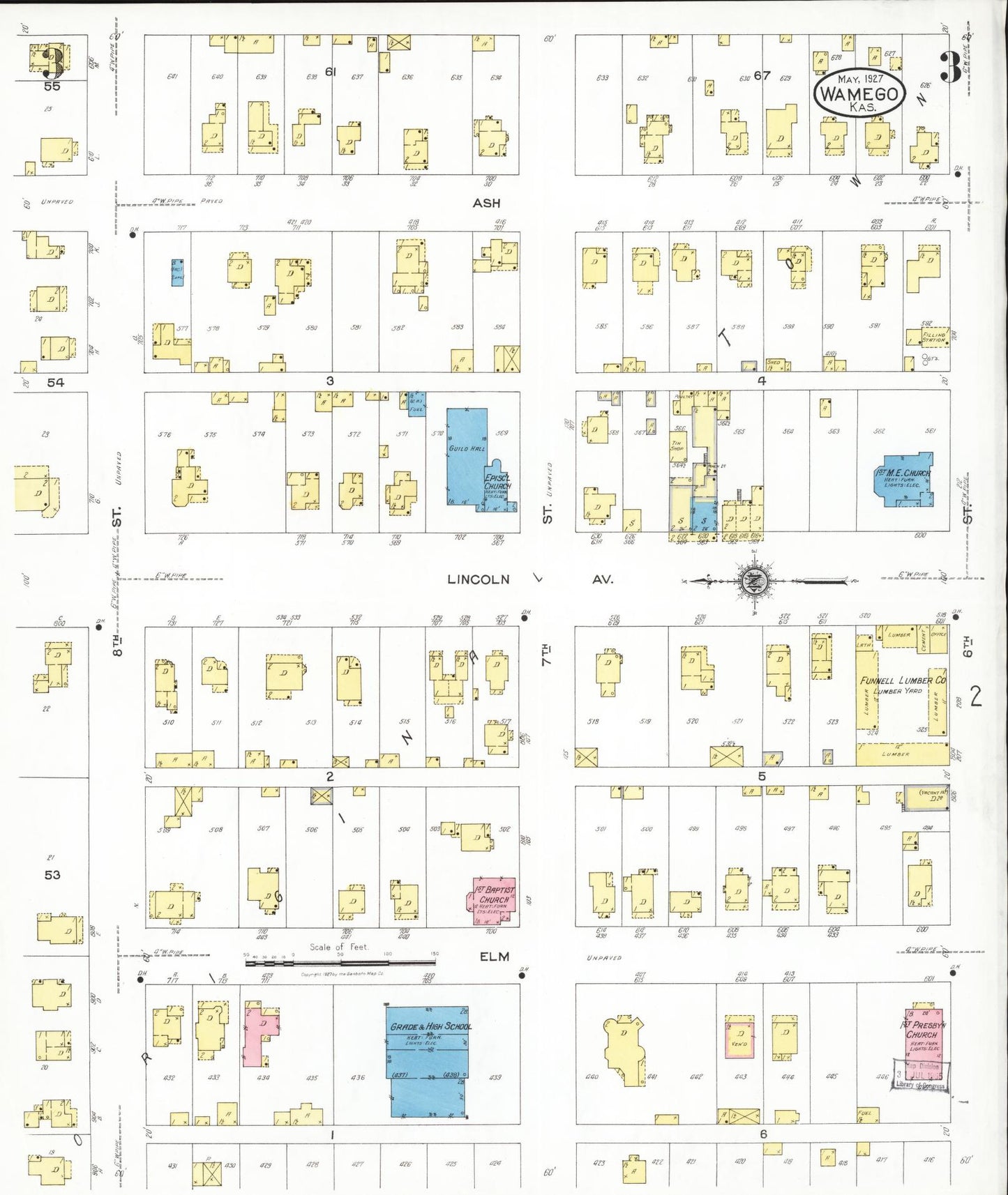 Sanborn Fire Insurance Map from Wamego, Pottawatomie County, Kansas (1927), Sheet #0003 - Historic Sanborn Fire Insurance Map Print, vintage old map wall art, antique decor, genealogy gift, Kansas Kansas map