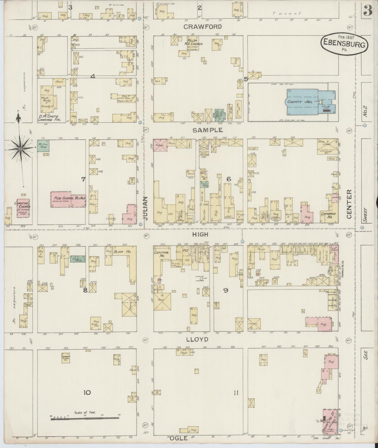 Sanborn Fire Insurance Map from Ebensburg, Cambria County, Pennsylvania (1887), Sheet #0003 - Historic Sanborn Fire Insurance Map Print, vintage old map wall art, antique decor, genealogy gift, Pennsylvania Pennsylvania map