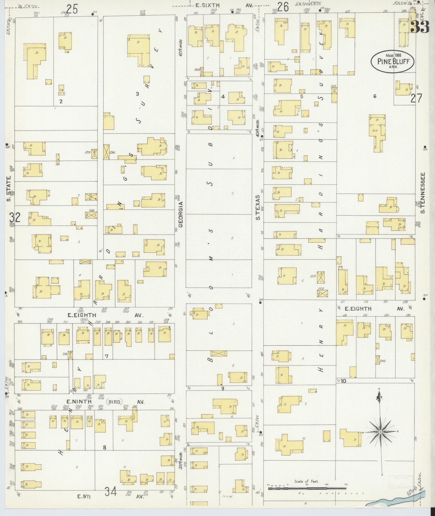 Sanborn Fire Insurance Map from Pine Bluff, Jefferson County, Arkansas (1908), Sheet #0033 - Historic Sanborn Fire Insurance Map Print, vintage old map wall art, antique decor, genealogy gift, Arkansas Arkansas map