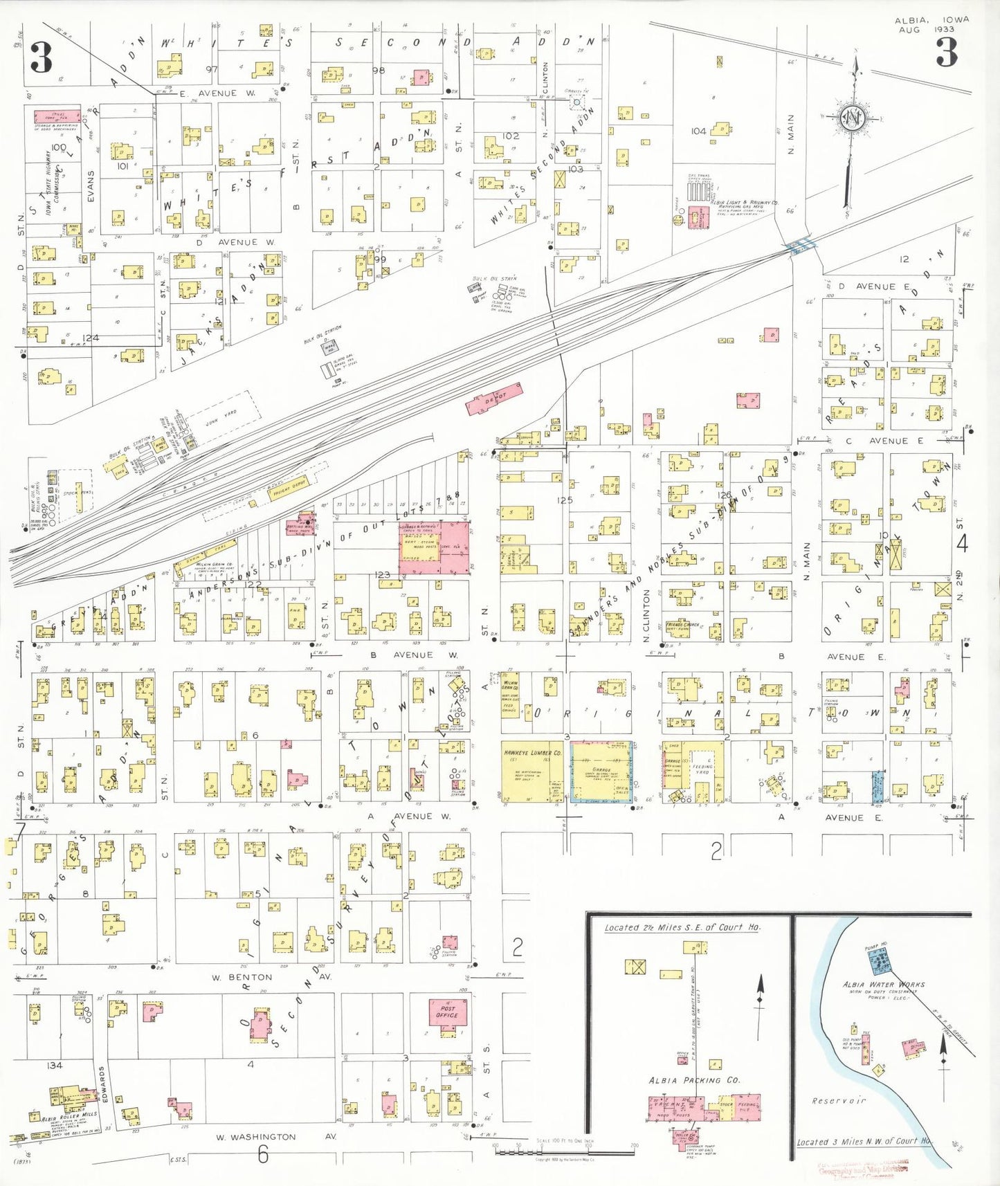 Sanborn Fire Insurance Map from Albia, Monroe County, Iowa (1933), Sheet #0003 - Historic Sanborn Fire Insurance Map Print, vintage old map wall art