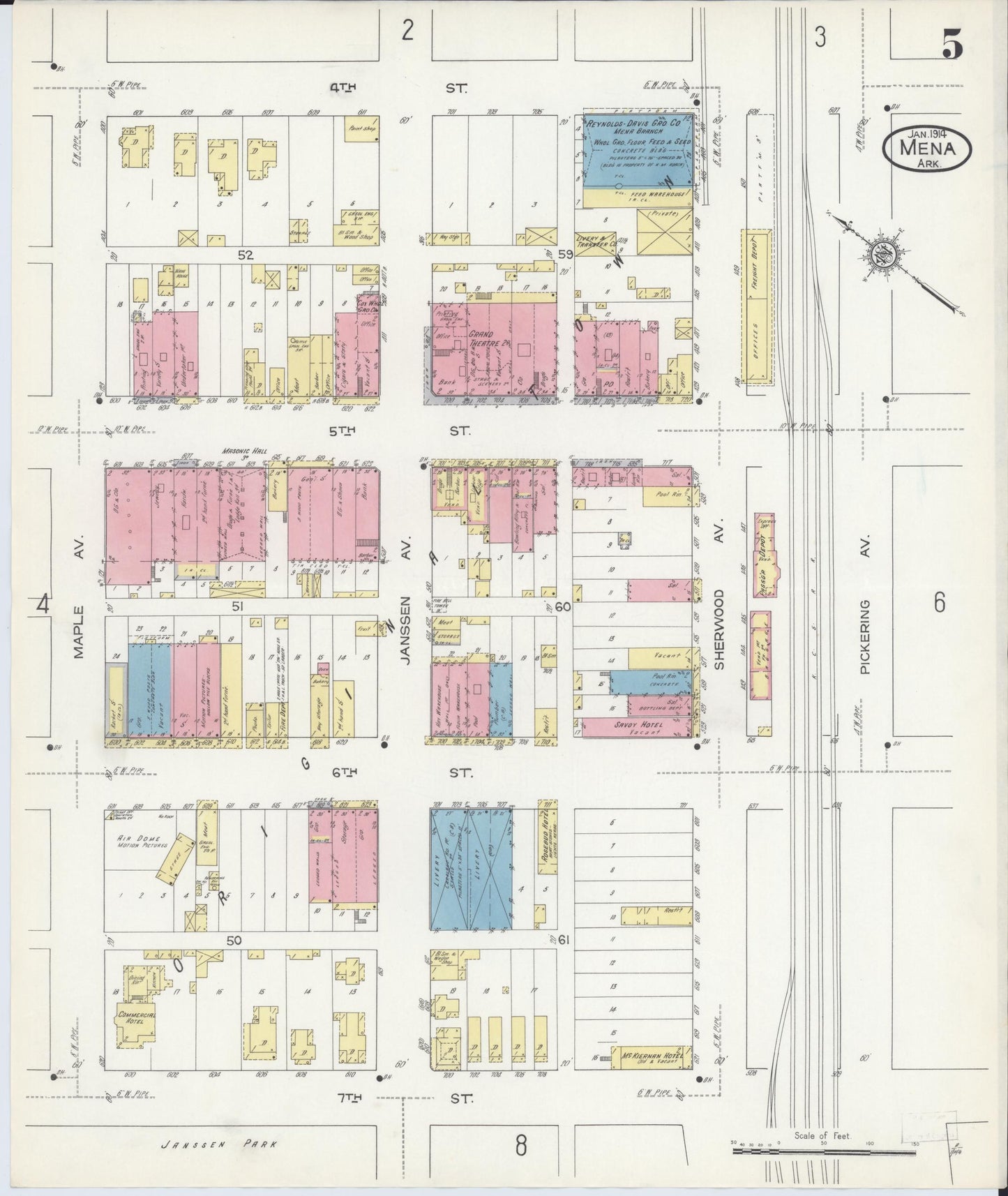 Sanborn Fire Insurance Map from Mena, Polk County, Arkansas (1914), Sheet #0005 - Historic Sanborn Fire Insurance Map Print, vintage old map wall art, antique decor, genealogy gift, Arkansas Arkansas map