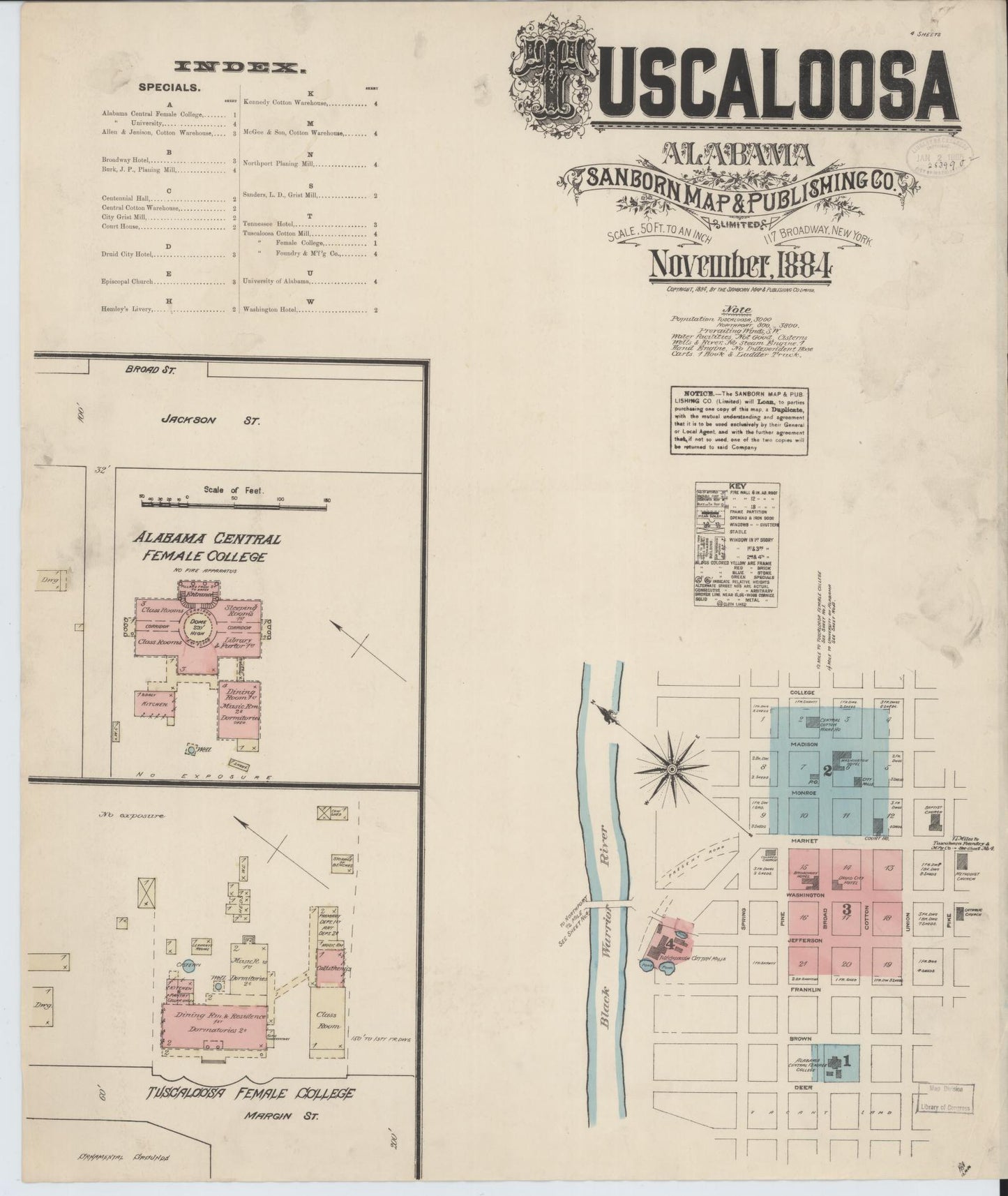 Sanborn Fire Insurance Map from Tuscaloosa, Tuscaloosa County, Alabama. (1884) – Historic Sanborn Fire Insurance Map Print