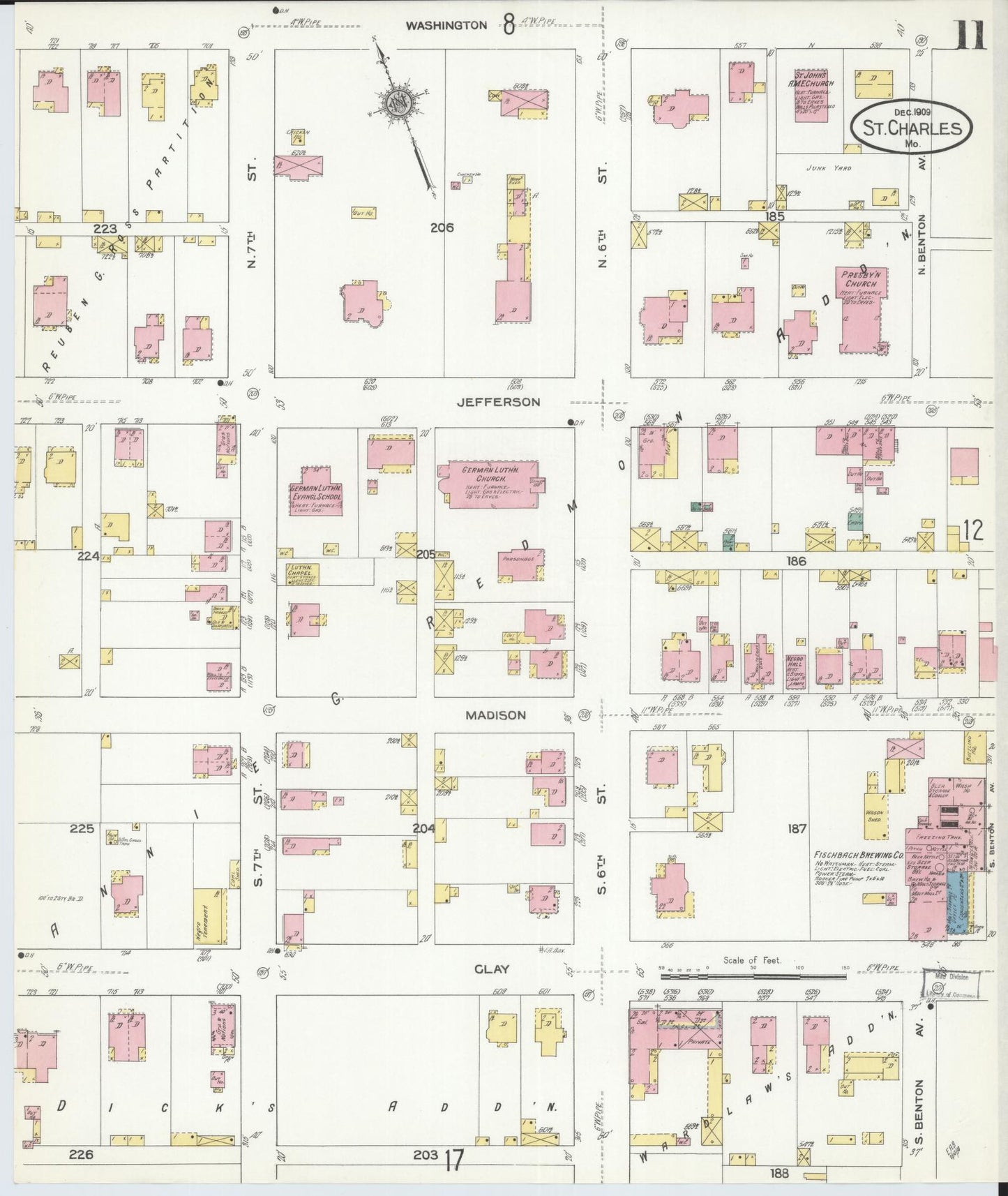Sanborn Fire Insurance Map from Saint Charles, Saint Charles County, Missouri (1909), Sheet #0011 - Historic Sanborn Fire Insurance Map Print, vintage old map wall art, antique decor, genealogy gift, Missouri Missouri map