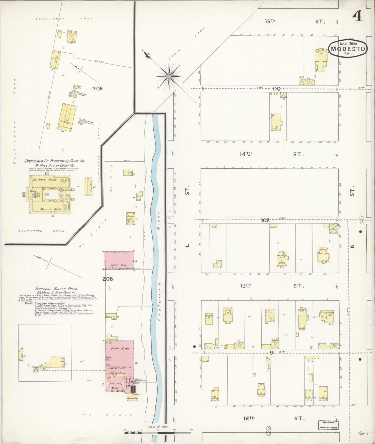 Sanborn Fire Insurance Map from Modesto, Stanislaus County, California (1894), Sheet #0004 - Historic Sanborn Fire Insurance Map Print, vintage old map wall art, antique decor, genealogy gift, California California map