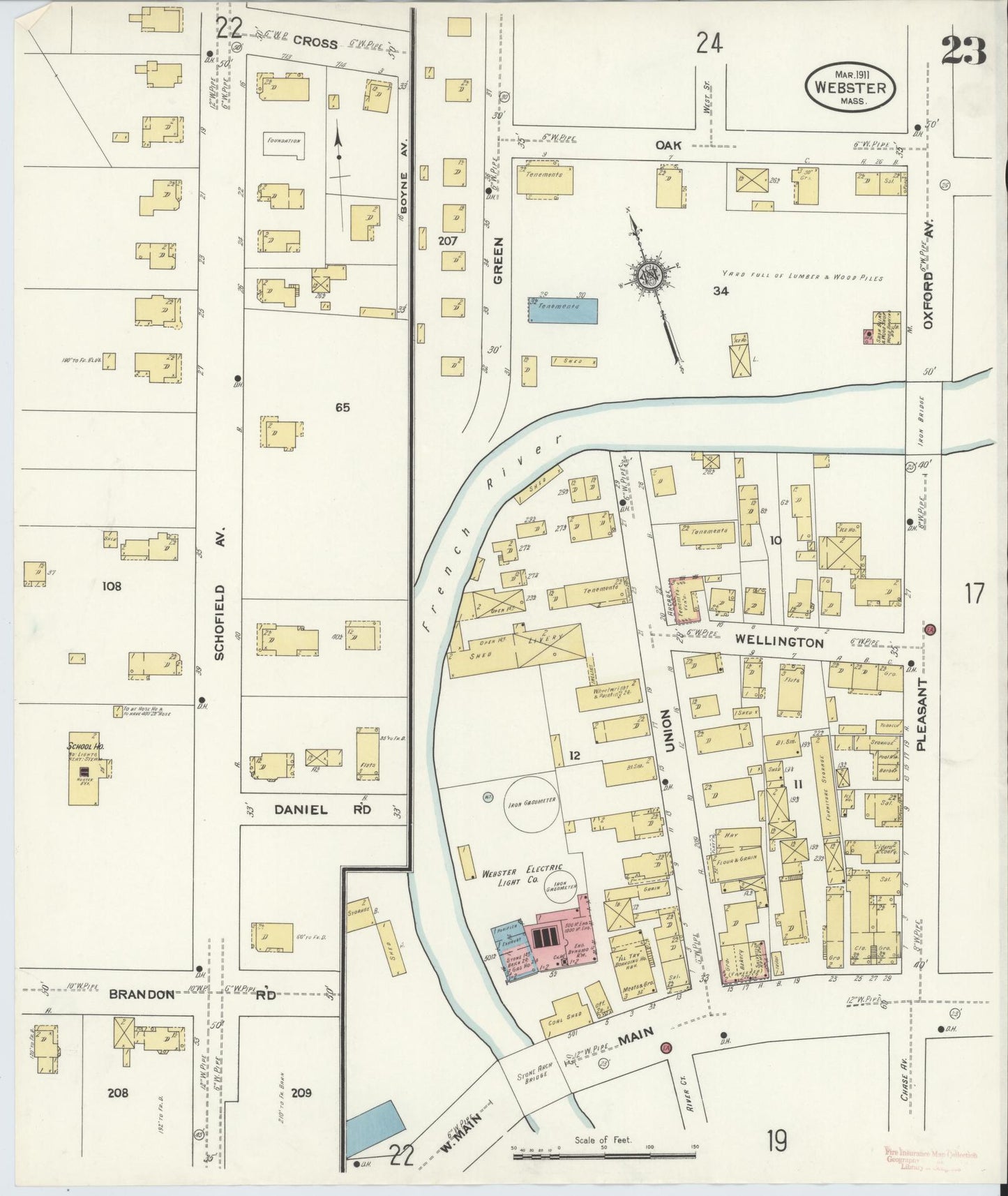 Sanborn Fire Insurance Map from Webster, Worcester County, Massachusetts (1911), Sheet #0023 - Historic Sanborn Fire Insurance Map Print, vintage old map wall art, antique decor, genealogy gift, Massachusetts Massachusetts map