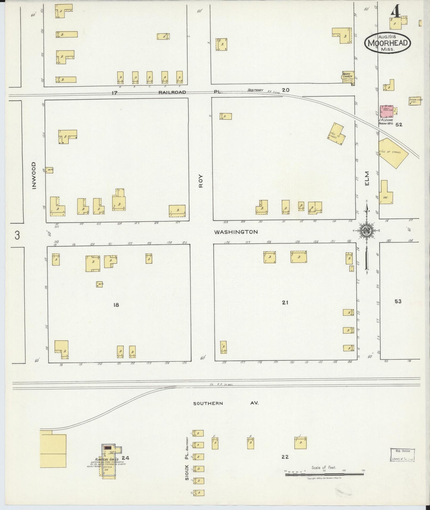 Sanborn Fire Insurance Map from Moorhead, Sunflower County, Mississippi (1918), Sheet #0004 - Complete Map Set gallery image, historic Sanborn map, vintage wall art, Mississippi Mississippi