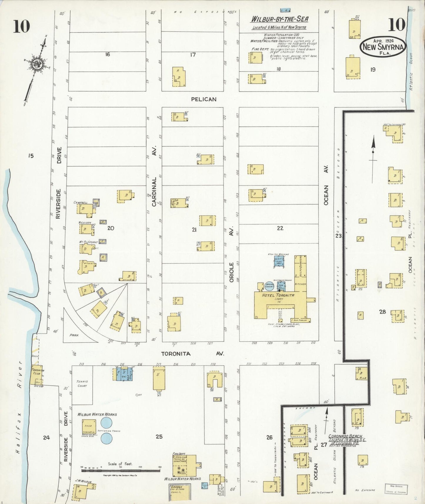 Sanborn Fire Insurance Map from New Smyrna, Valusia County, Florida (1924), Sheet #0010 - Historic Sanborn Fire Insurance Map Print, vintage old map wall art, antique decor, genealogy gift, Florida Florida map