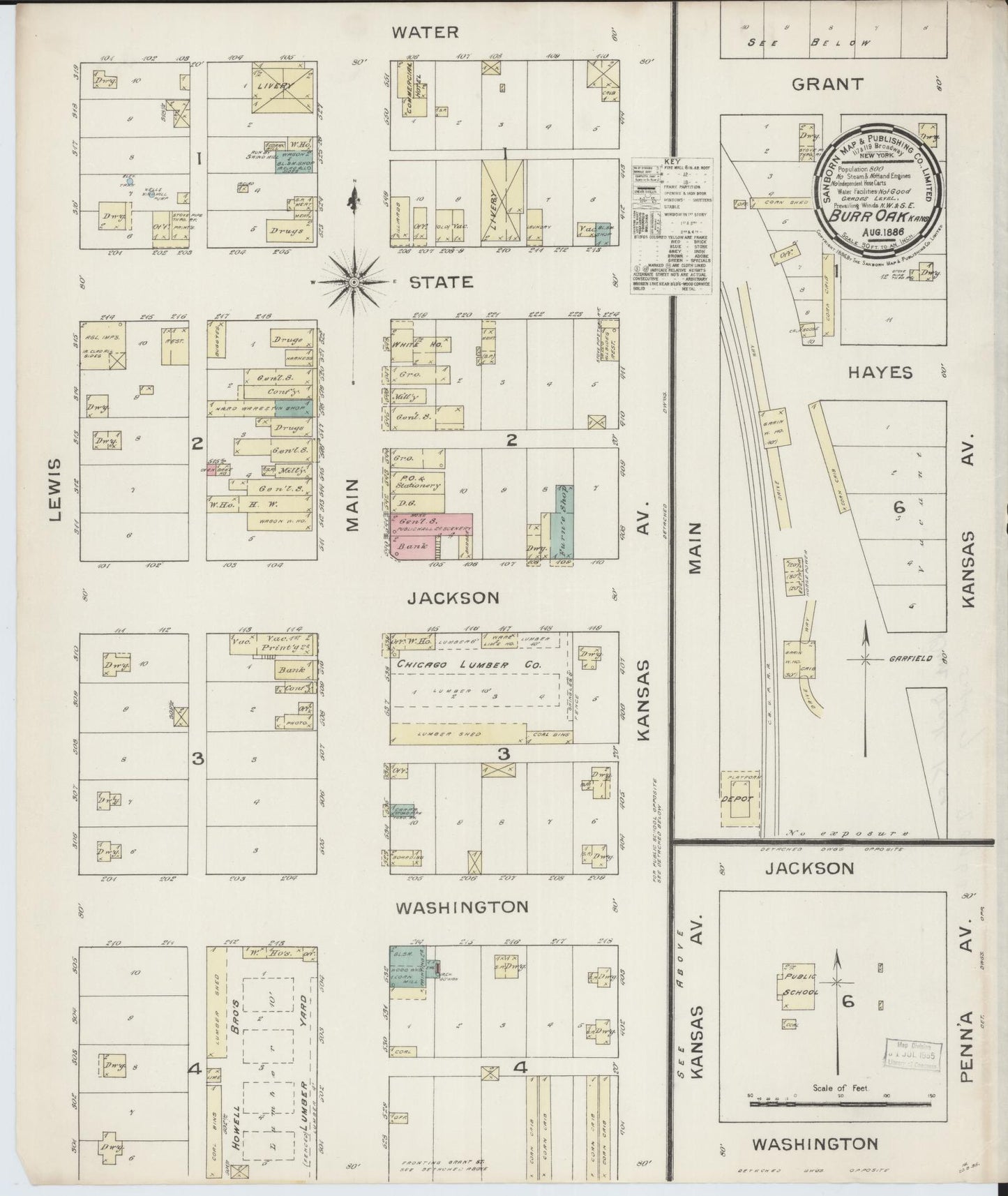 Sanborn Fire Insurance Map from Burr Oak, Jewell County, Kansas (1886), Sheet #0001 - Historic Sanborn Fire Insurance Map Print, vintage old map wall art, antique decor, genealogy gift, Kansas Kansas map