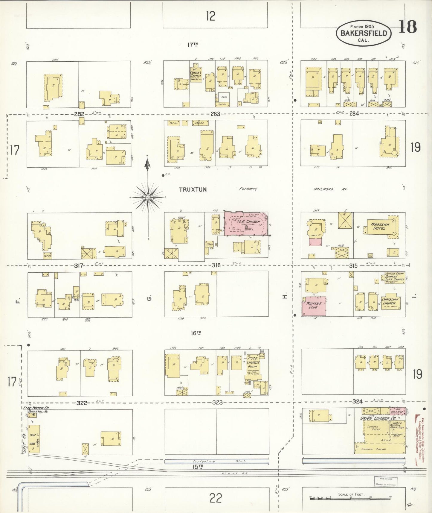 Sanborn Fire Insurance Map from Bakersfield, Kern County, California (1905), Sheet #0018 - Historic Sanborn Fire Insurance Map Print, vintage old map wall art, antique decor, genealogy gift, California California map
