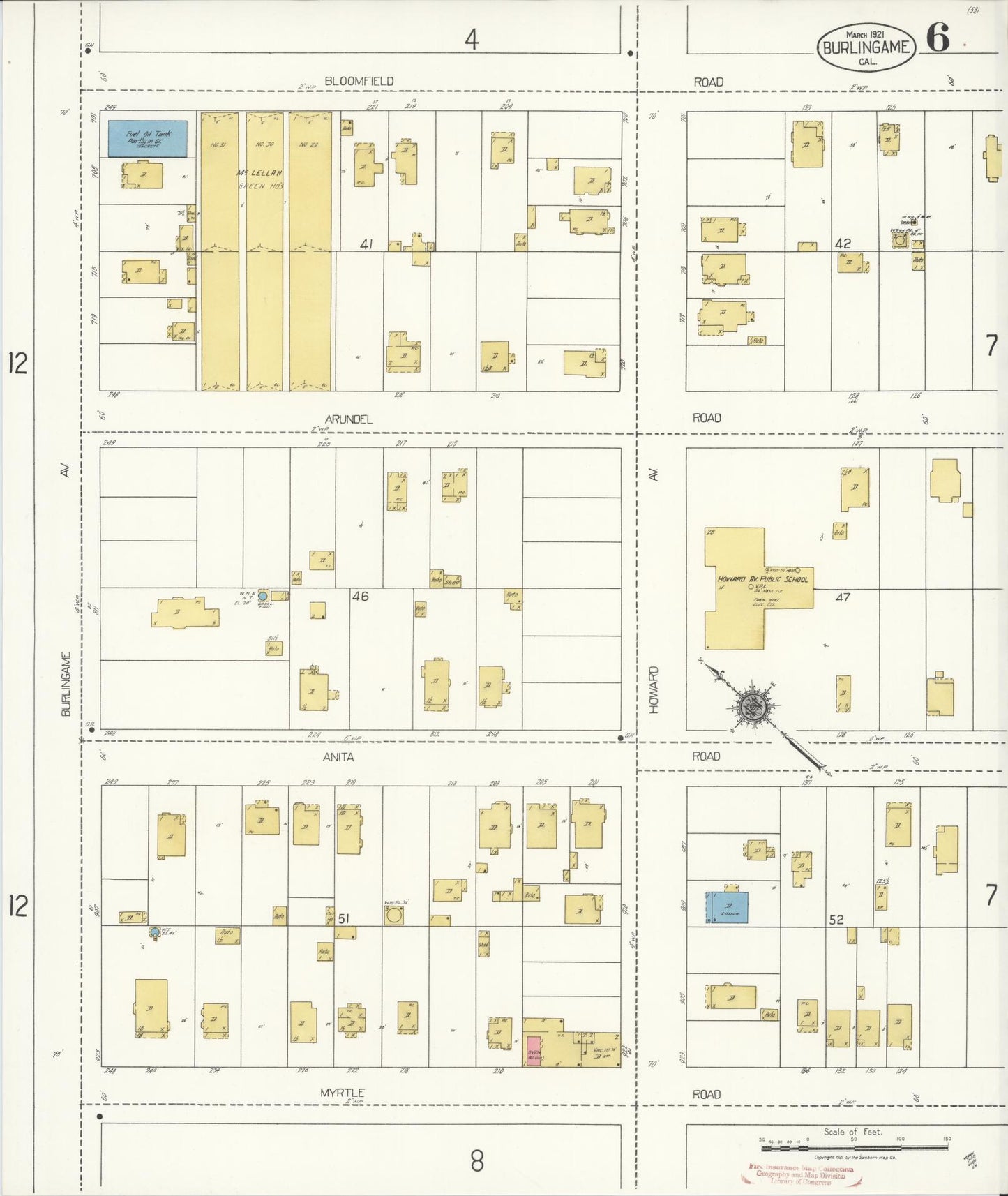 Sanborn Fire Insurance Map from Burlingame, San Mateo County, California (1921), Sheet #0006 - Historic Sanborn Fire Insurance Map Print, vintage old map wall art, antique decor, genealogy gift, California California map