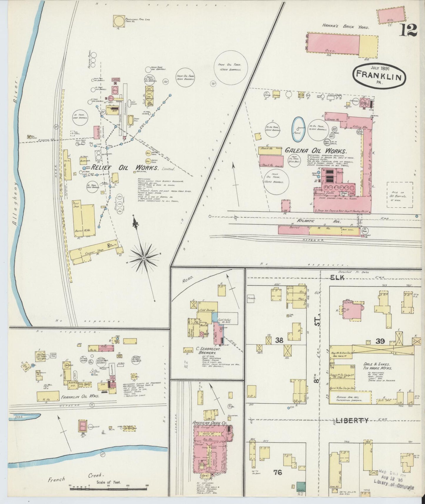 Sanborn Fire Insurance Map from Franklin, Venango County, Pennsylvania (1891), Sheet #0012 - Historic Sanborn Fire Insurance Map Print, vintage old map wall art, antique decor, genealogy gift, Pennsylvania Pennsylvania map
