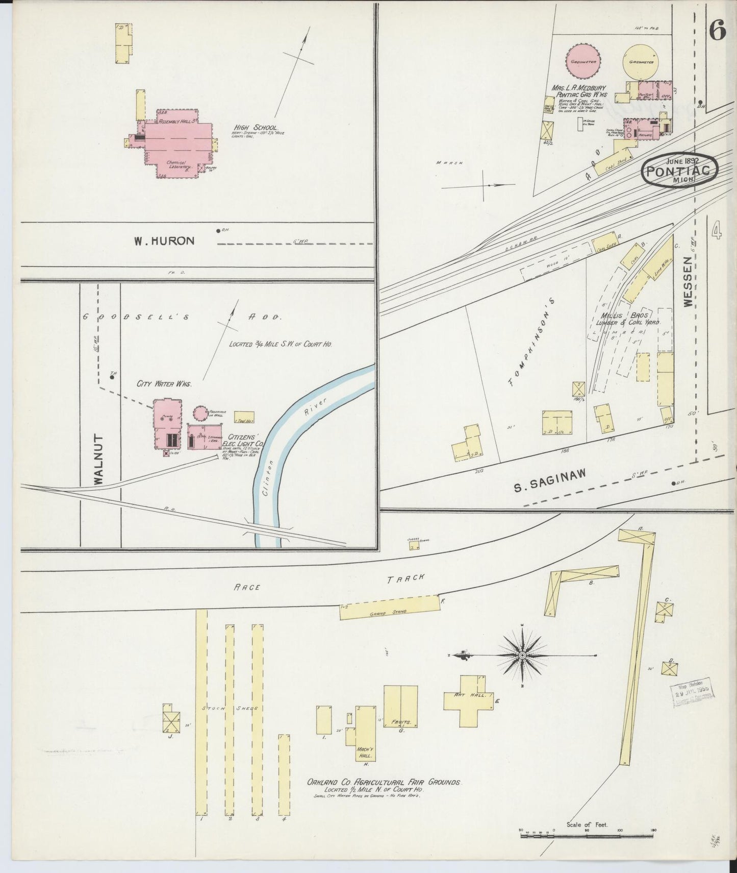 Sanborn Fire Insurance Map from Pontiac, Oakland County, Michigan (1892), Sheet #0006 - Complete Map Set gallery image, historic Sanborn map, vintage wall art, Michigan Michigan