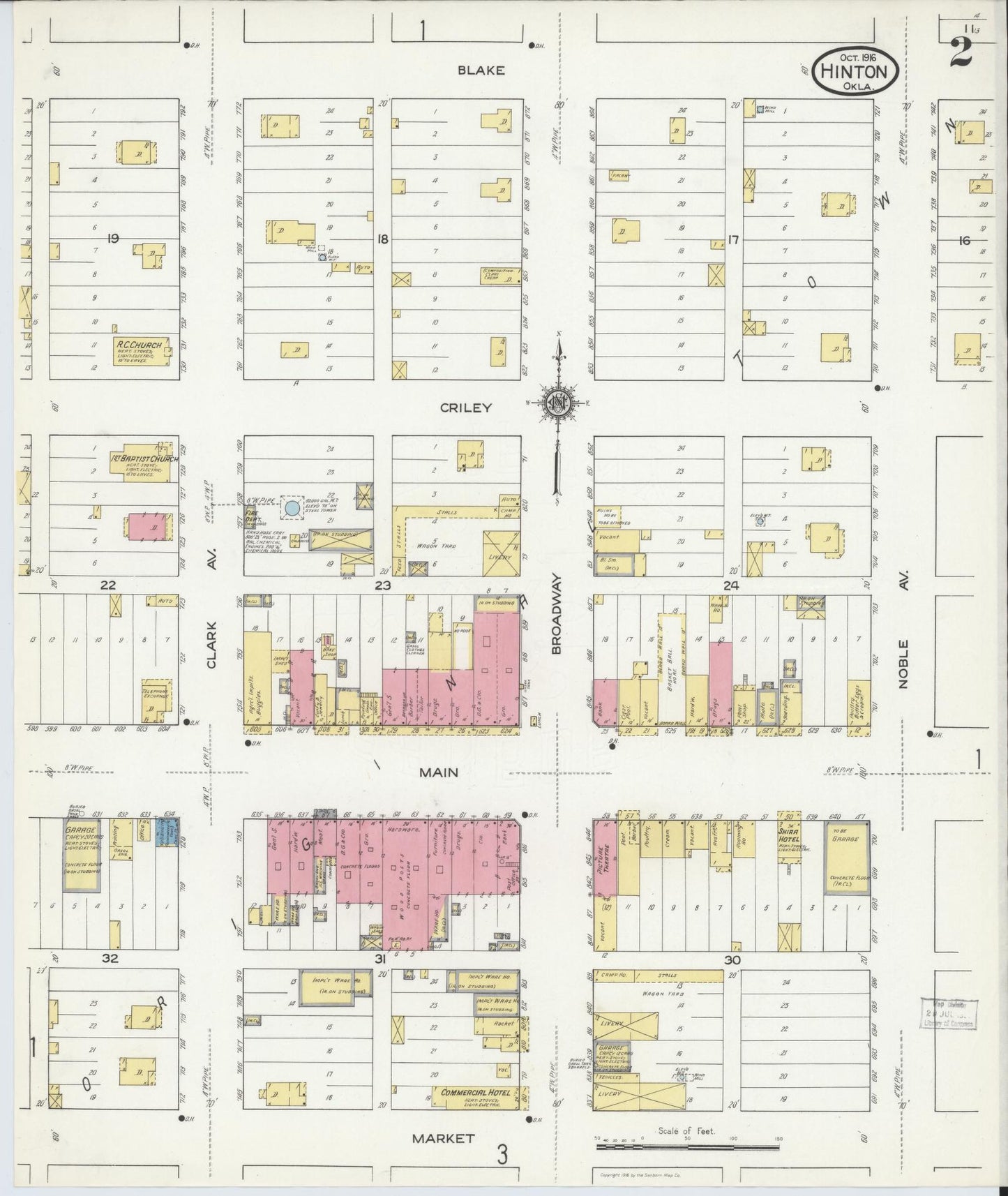 Sanborn Fire Insurance Map from Hinton, Caddo County, Oklahoma (1916), Sheet #0002 - Historic Sanborn Fire Insurance Map Print, vintage old map wall art, antique decor, genealogy gift, Oklahoma Oklahoma map