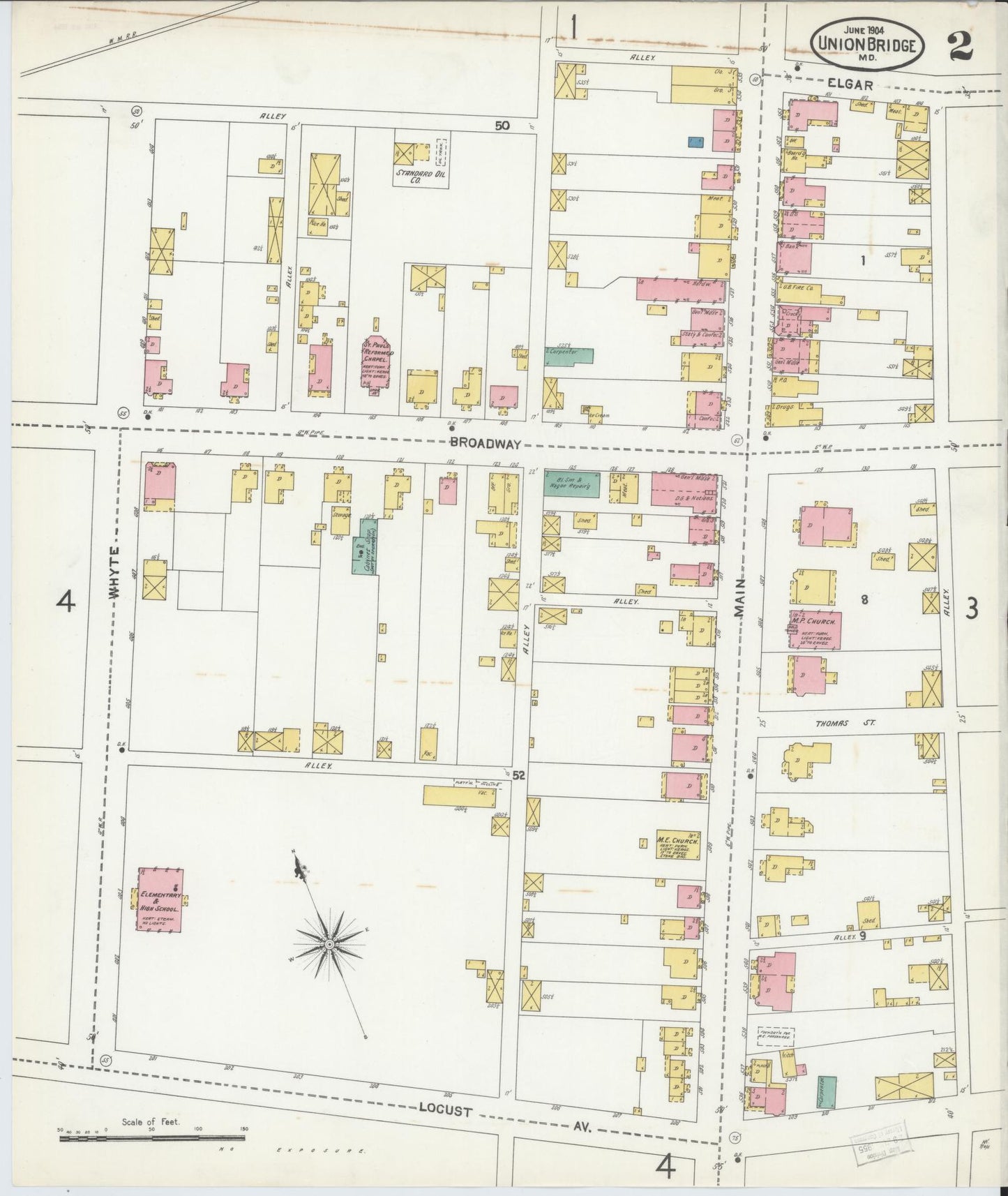 Sanborn Fire Insurance Map from Union Bridge, Carroll County, Maryland (1904), Sheet #0002 - Historic Sanborn Fire Insurance Map Print, vintage old map wall art, antique decor, genealogy gift, Maryland Maryland map