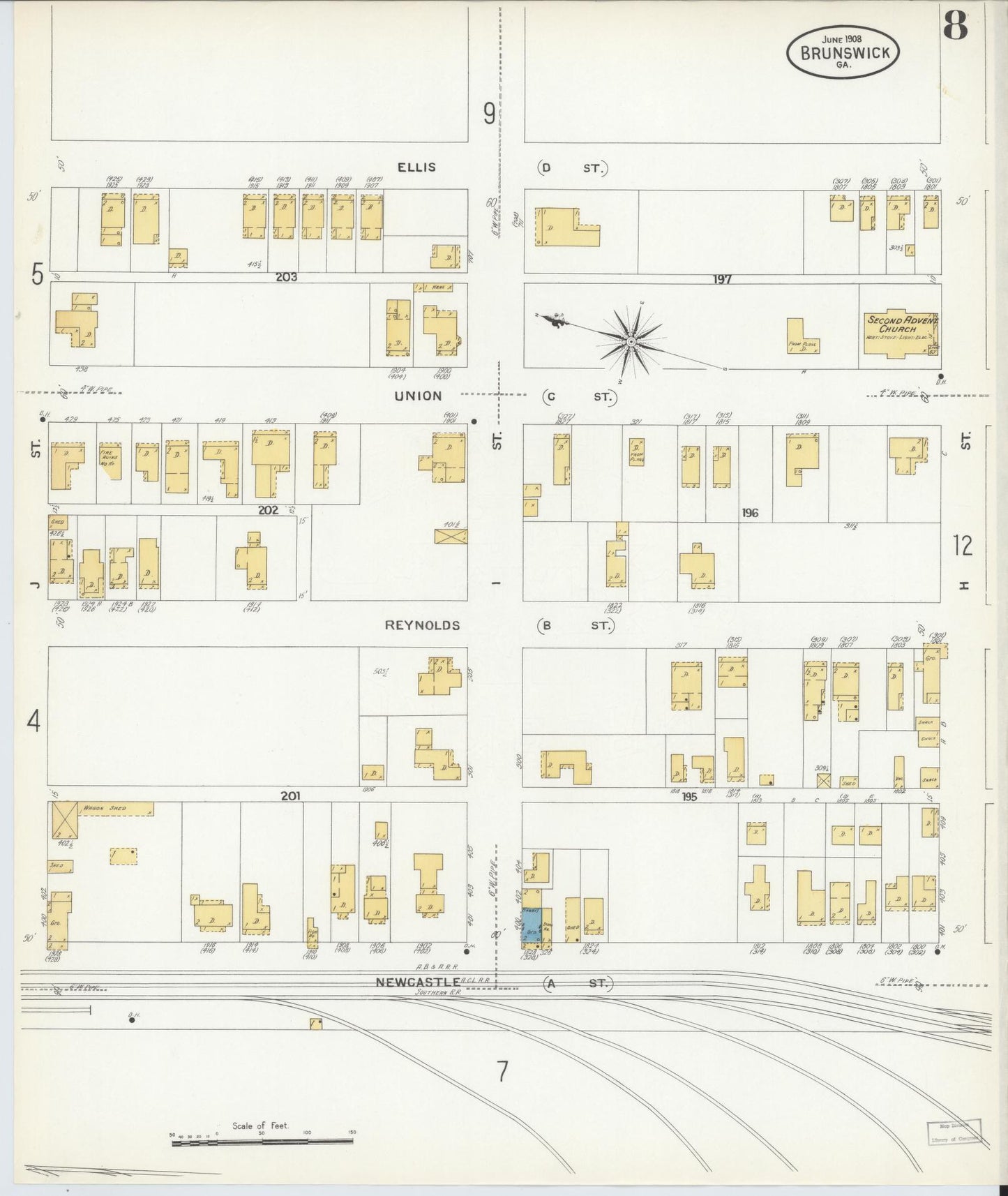 Sanborn Fire Insurance Map from Brunswick, Glynn County, Georgia (1908), Sheet #0008 - Historic Sanborn Fire Insurance Map Print, vintage old map wall art, antique decor, genealogy gift, Georgia Georgia map