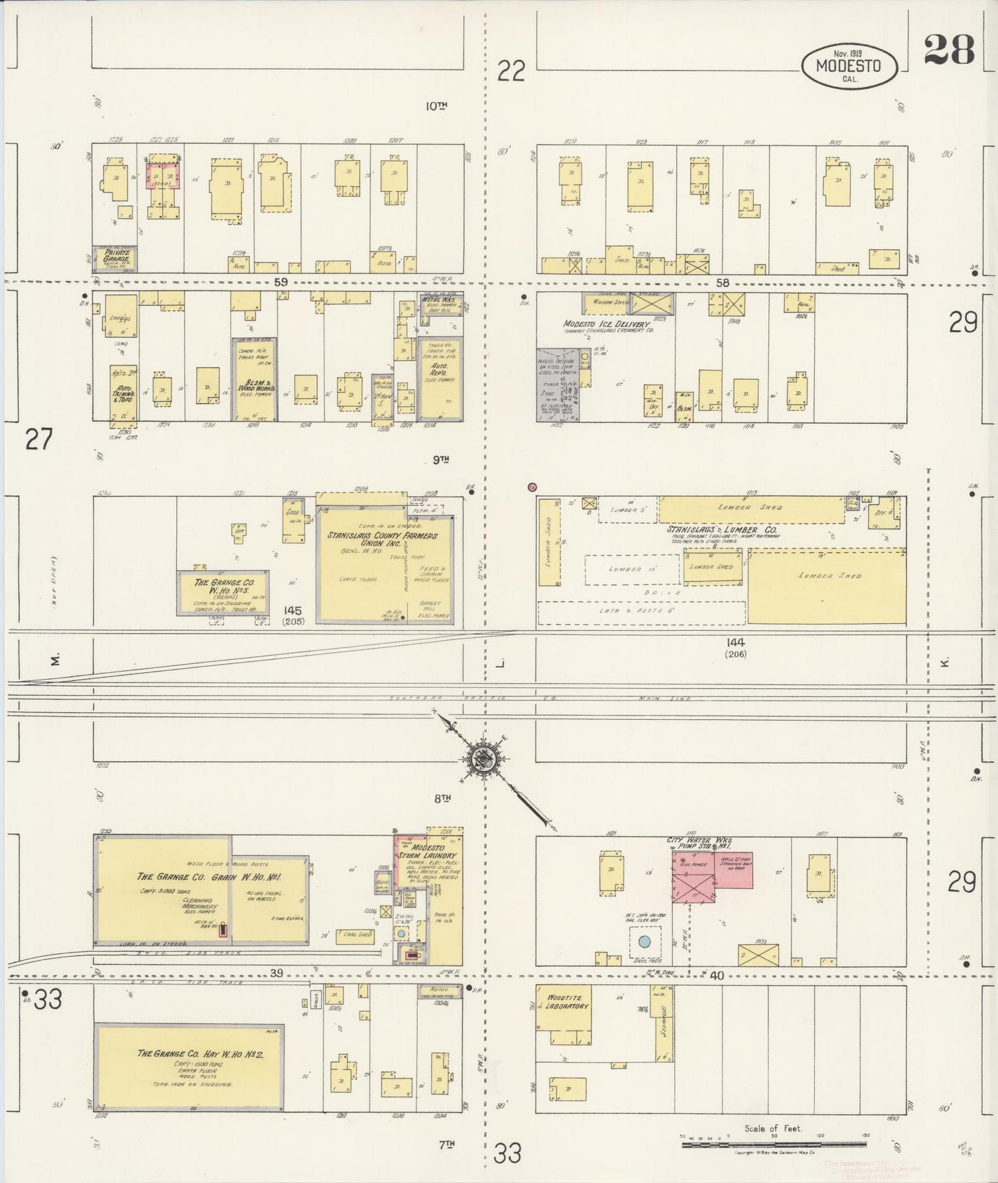 Sanborn Fire Insurance Map from Modesto, Stanislaus County, California (1919), Sheet #0028 - Historic Sanborn Fire Insurance Map Print, vintage old map wall art, antique decor, genealogy gift, California California map