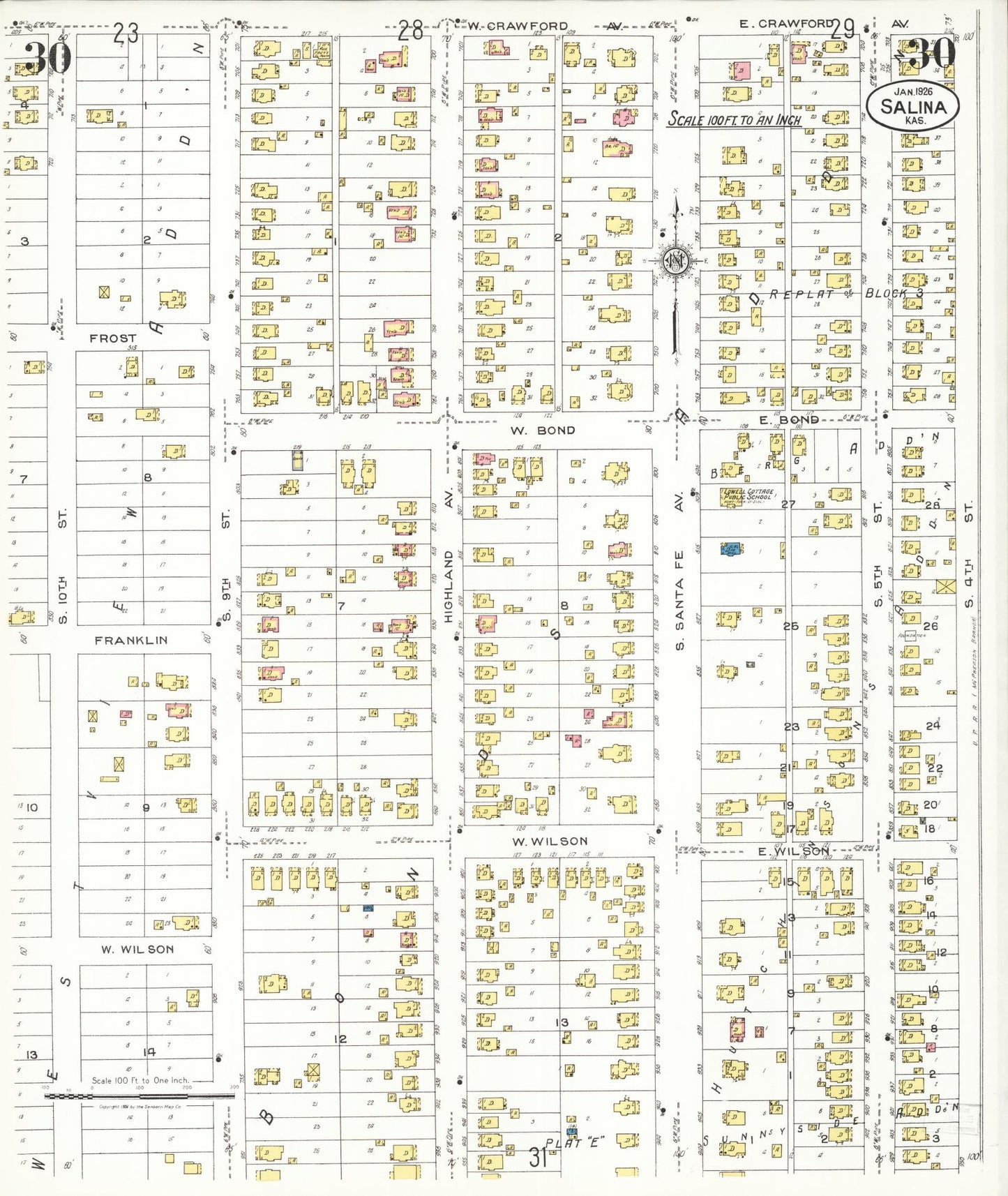 Sanborn Fire Insurance Map from Salina, Saline County, Kansas (1926), Sheet #0030 - Historic Sanborn Fire Insurance Map Print, vintage old map wall art, antique decor, genealogy gift, Kansas Kansas map