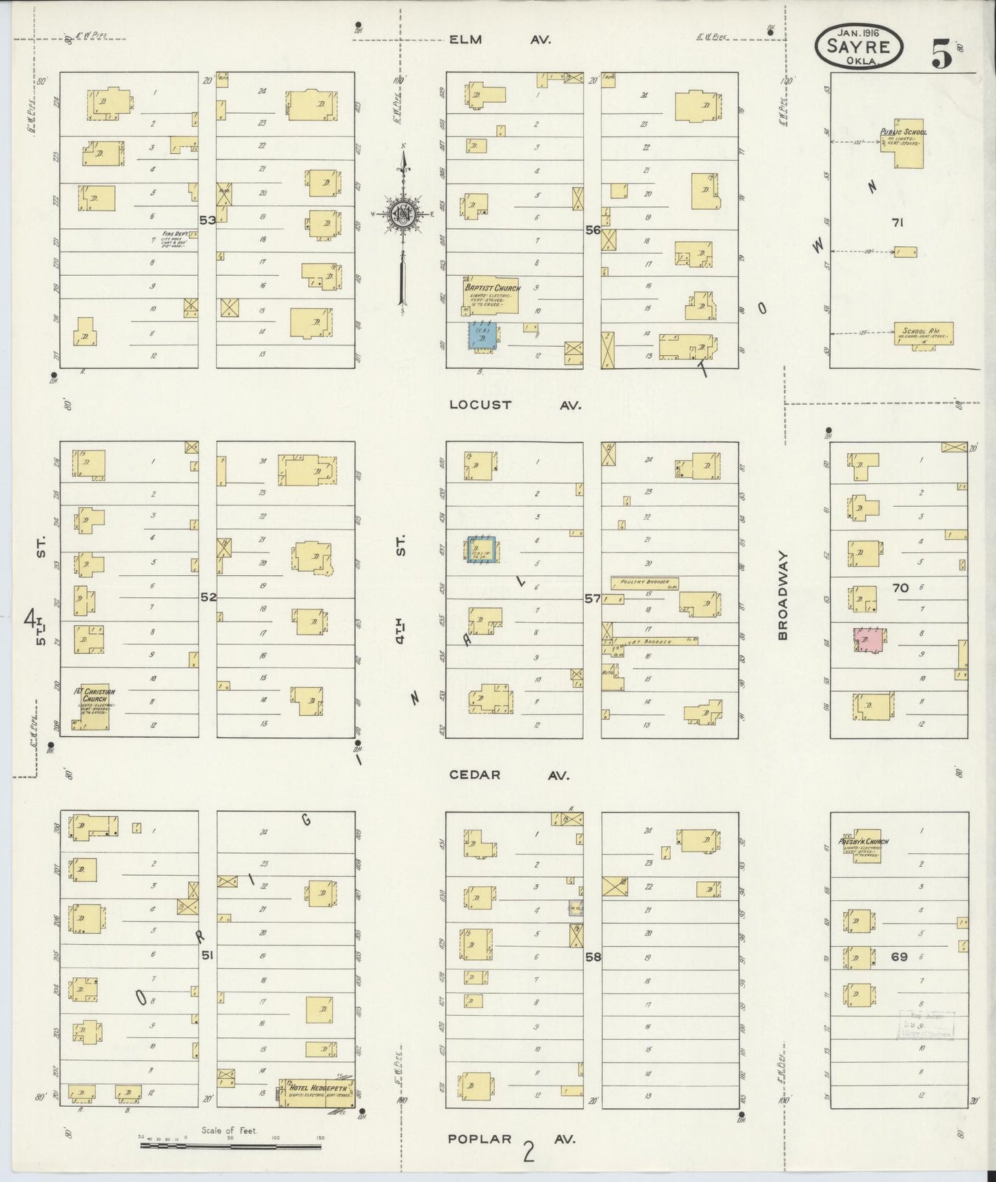 Sanborn Fire Insurance Map from Sayre, Beckham County, Oklahoma (1916), Sheet #0005 - Historic Sanborn Fire Insurance Map Print, vintage old map wall art, antique decor, genealogy gift, Oklahoma Oklahoma map