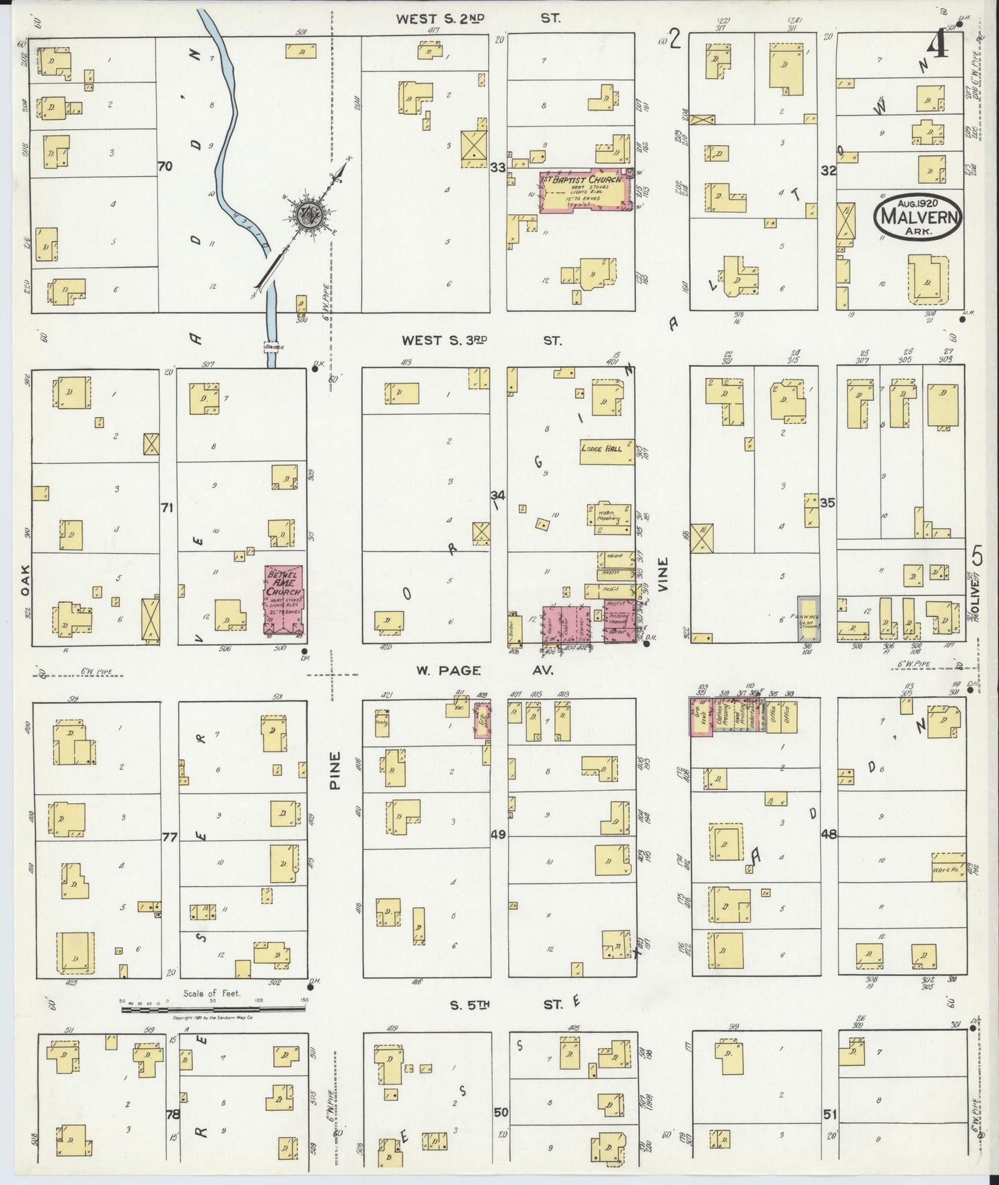 Sanborn Fire Insurance Map from Malvern, Hot Springs County, Arkansas (1920), Sheet #0004 - Historic Sanborn Fire Insurance Map Print, vintage old map wall art, antique decor, genealogy gift, Arkansas Arkansas map