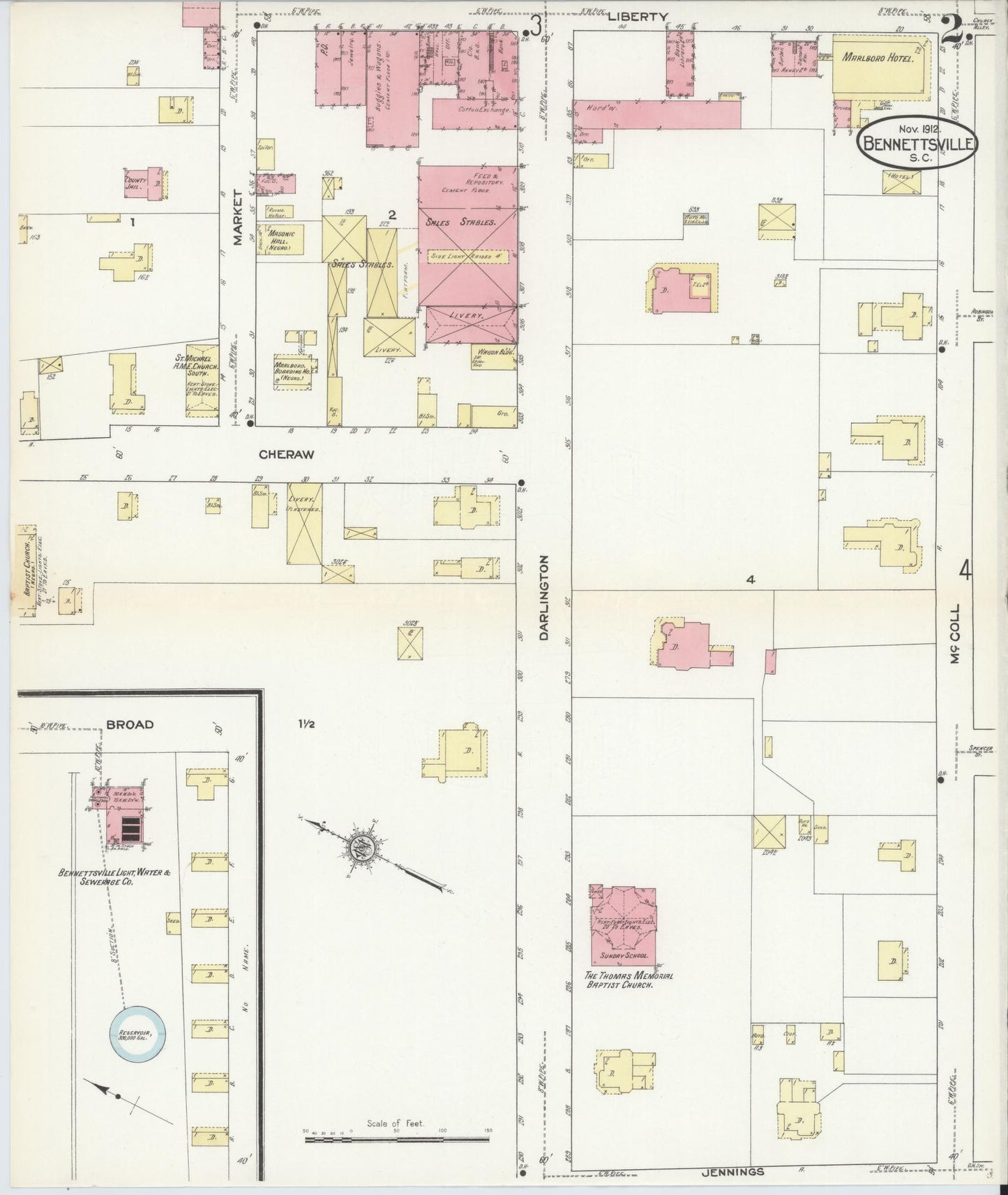 Sanborn Fire Insurance Map from Bennettsville, Marlboro County, South Carolina (1912), Sheet #0002 - Historic Sanborn Fire Insurance Map Print, vintage old map wall art, antique decor, genealogy gift, South Carolina South Carolina map