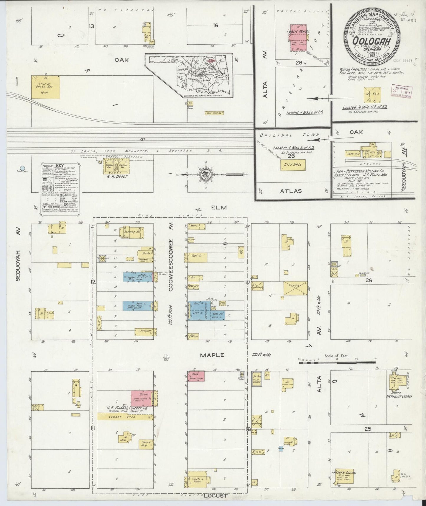 Sanborn Fire Insurance Map from Oologah, Rodgers County, Oklahoma (1915), Sheet #0001 - Historic Sanborn Fire Insurance Map Print, vintage old map wall art, antique decor, genealogy gift, Oklahoma Oklahoma map