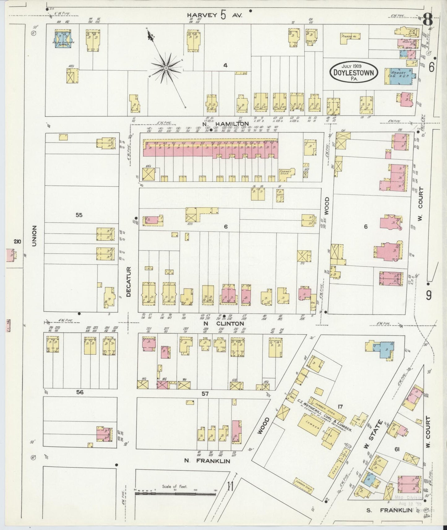 Sanborn Fire Insurance Map from Doylestown, Bucks County, Pennsylvania (1909), Sheet #0008 - Historic Sanborn Fire Insurance Map Print, vintage old map wall art, antique decor, genealogy gift, Pennsylvania Pennsylvania map