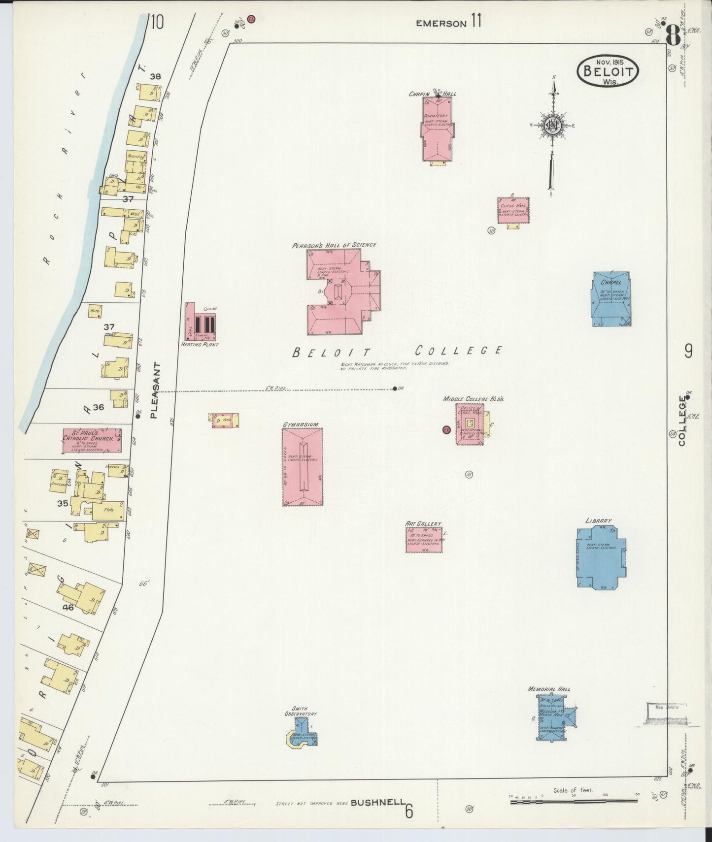 Sanborn Fire Insurance Map from Beloit, Rock County, Wisconsin (1915), Sheet #0008 - Historic Sanborn Fire Insurance Map Print, vintage old map wall art, antique decor, genealogy gift, Wisconsin Wisconsin map