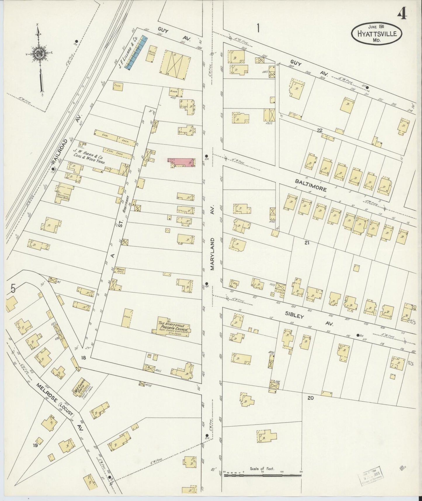 Sanborn Fire Insurance Map from Hyattsville, Prince Georges County, Maryland (1911), Sheet #0004 - Historic Sanborn Fire Insurance Map Print, vintage old map wall art