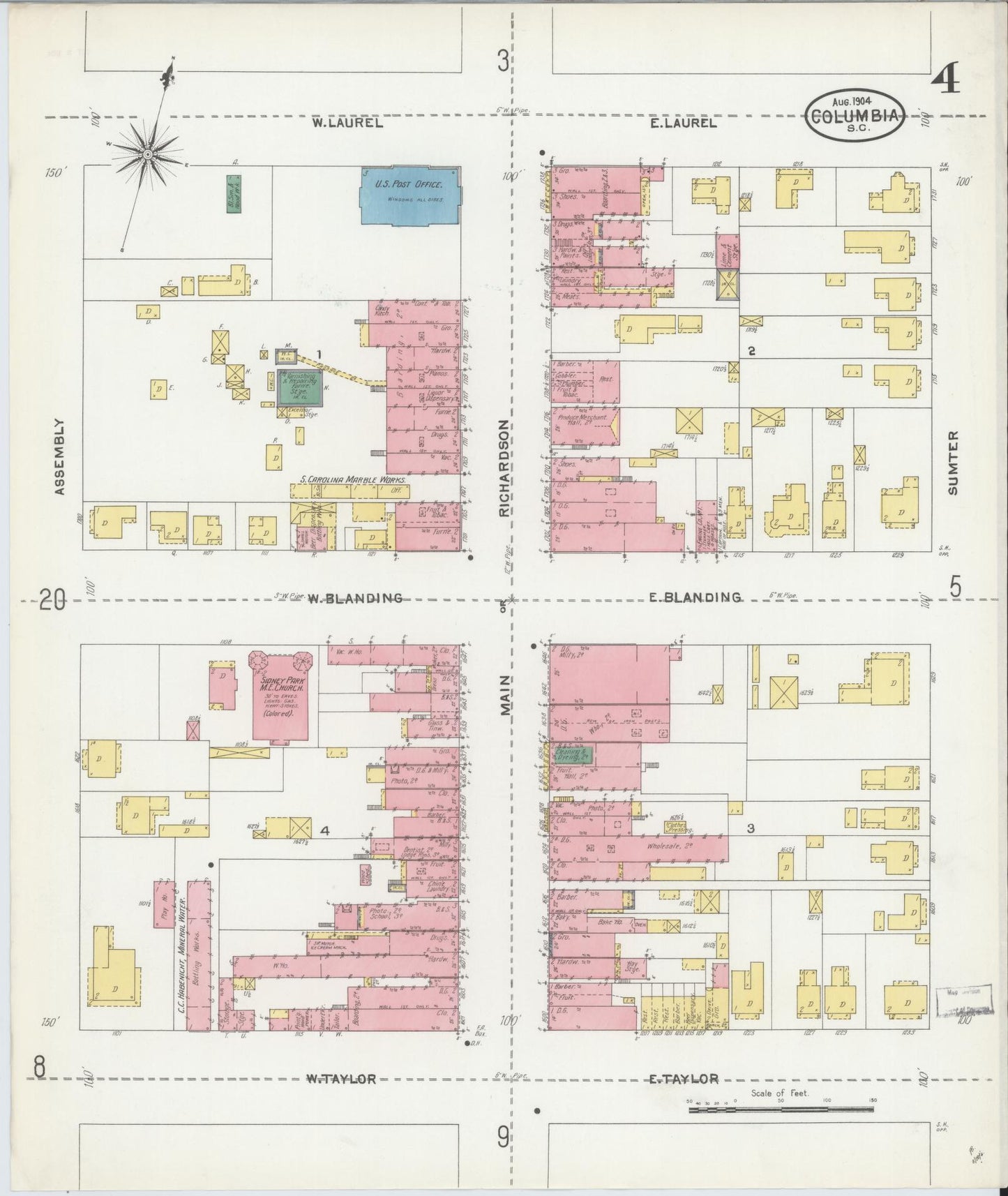 Sanborn Fire Insurance Map from Columbia, Richland County, South Carolina (1904), Sheet #0004 - Historic Sanborn Fire Insurance Map Print, vintage old map wall art, antique decor, genealogy gift, South Carolina South Carolina map