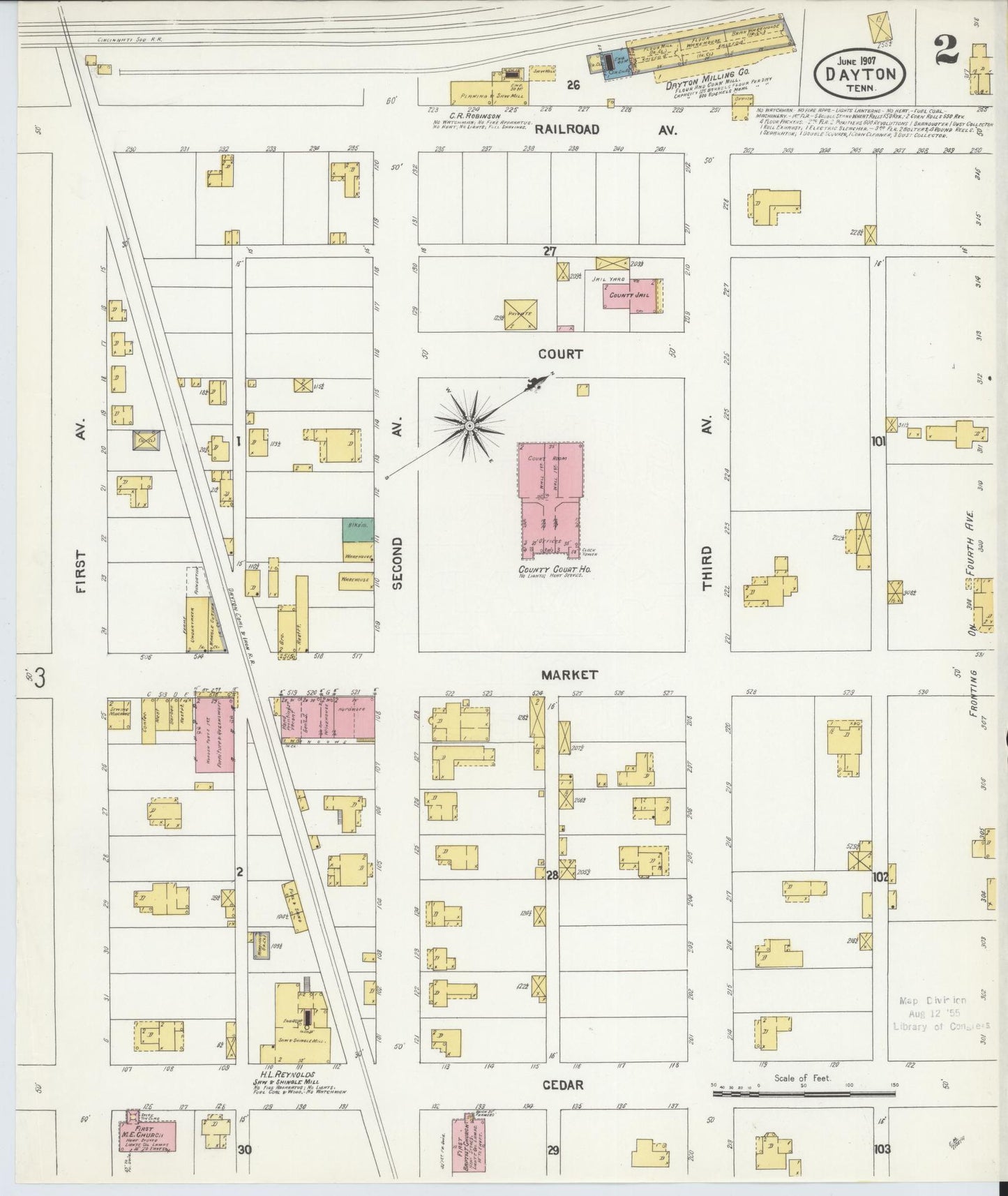 Sanborn Fire Insurance Map from Dayton, Rhea County, Tennessee (1907), Sheet #0002 - Historic Sanborn Fire Insurance Map Print, vintage old map wall art, antique decor, genealogy gift, Tennessee Tennessee map