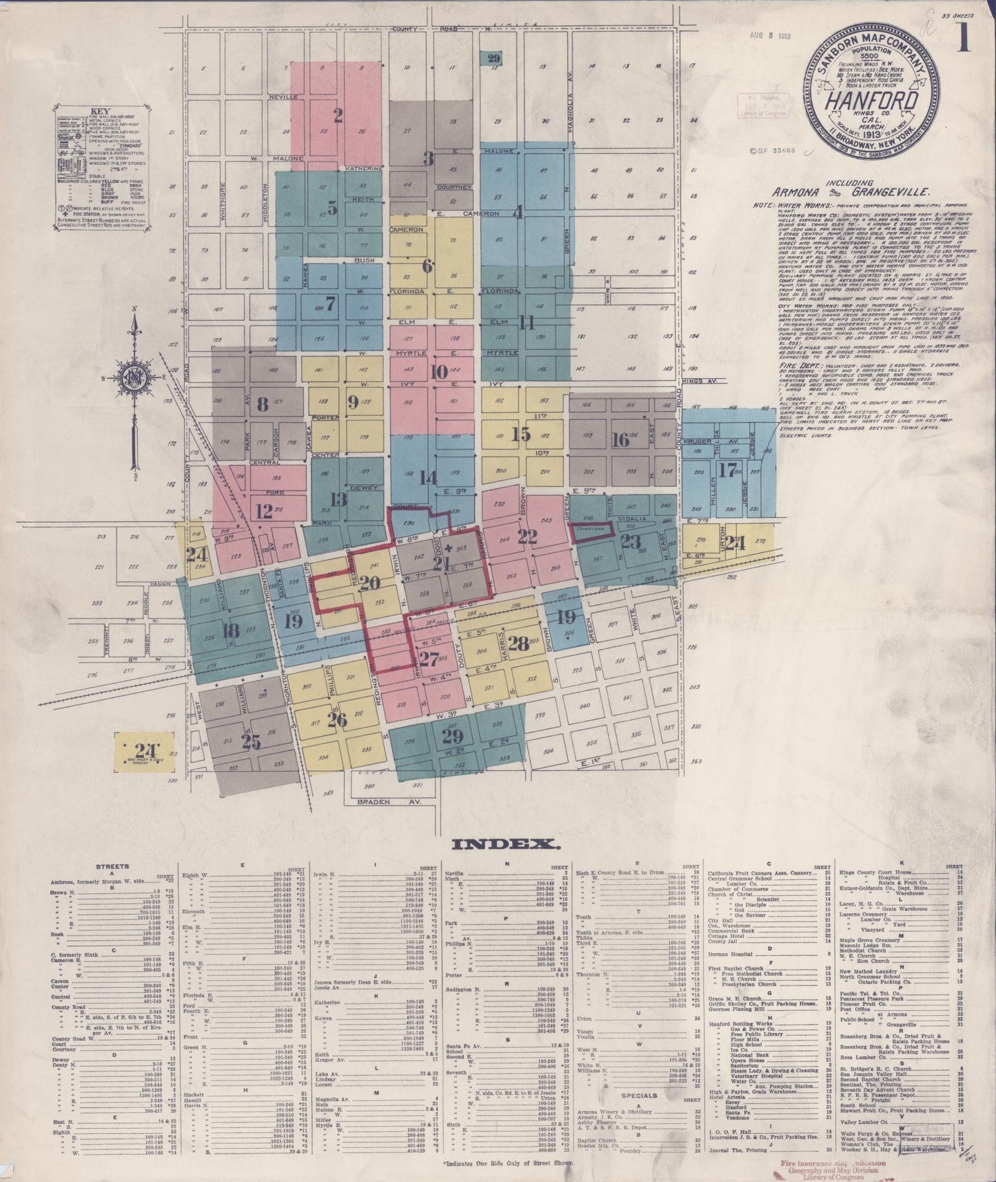 Sanborn Fire Insurance Map from Hanford, Kings County, California (1913), Sheet #0001 - Historic Sanborn Fire Insurance Map Print, vintage old map wall art, antique decor, genealogy gift, California California map