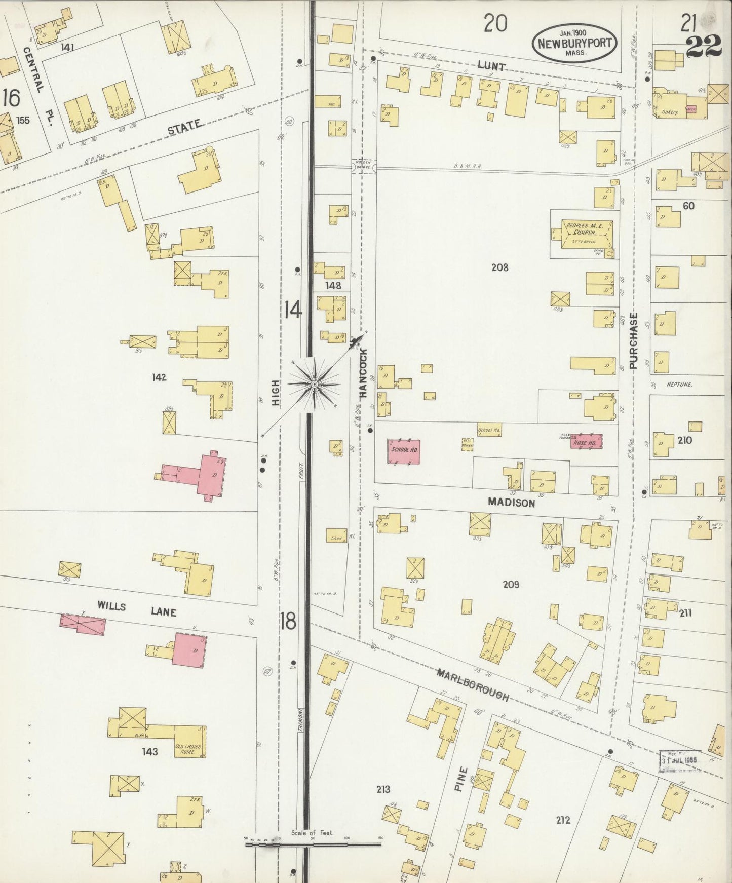 Sanborn Fire Insurance Map from Newburyport, Essex County, Massachusetts (1900), Sheet #0022 - Historic Sanborn Fire Insurance Map Print, vintage old map wall art, antique decor, genealogy gift, Massachusetts Massachusetts map