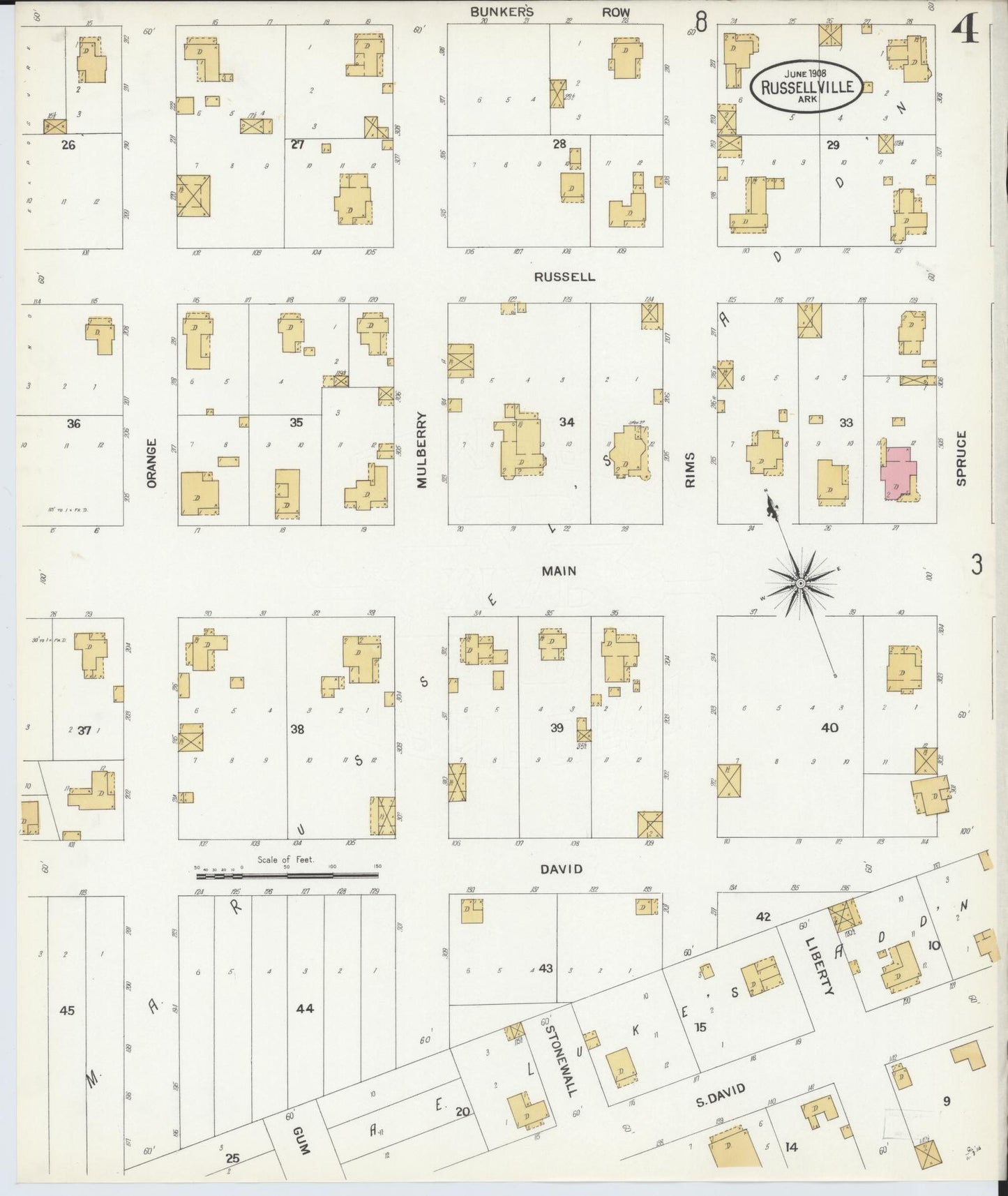 Sanborn Fire Insurance Map from Russellville, Pope County, Arkansas (1908), Sheet #0004 - Historic Sanborn Fire Insurance Map Print, vintage old map wall art, antique decor, genealogy gift, Arkansas Arkansas map