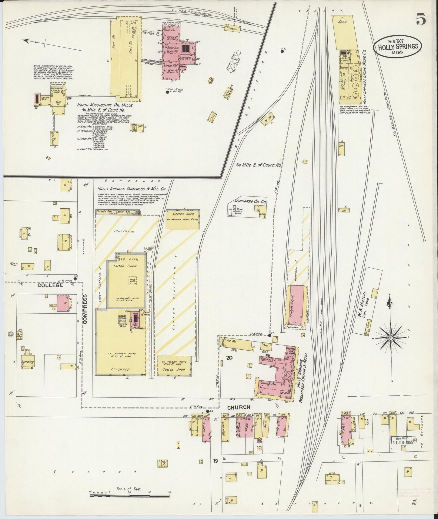 Sanborn Fire Insurance Map from Holly Springs, Marshall County, Mississippi (1907), Sheet #0005 - Complete Map Set gallery image, historic Sanborn map, vintage wall art, Mississippi Mississippi