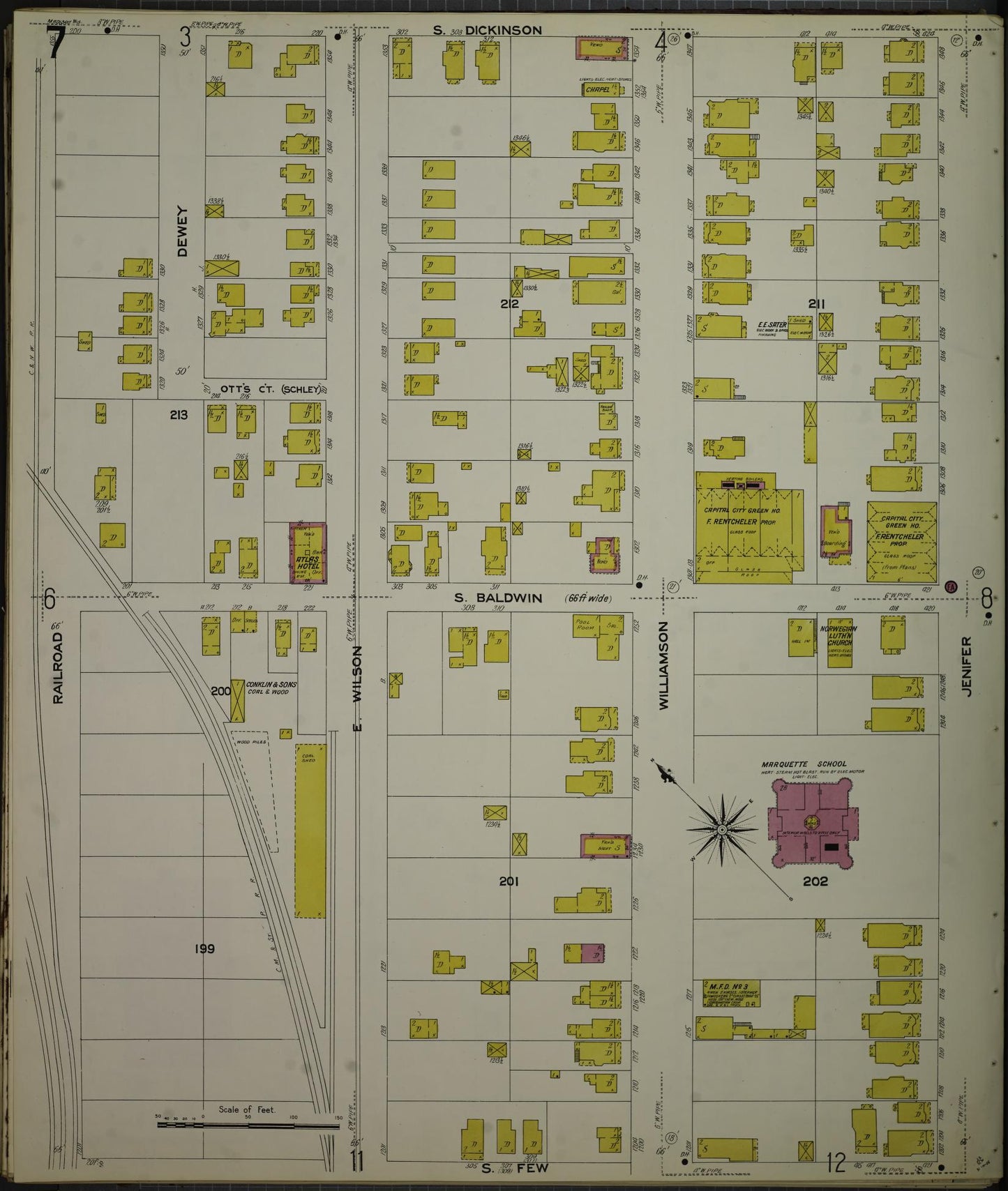 Sanborn Fire Insurance Map from Madison, Dane County, Wisconsin (1908), Sheet #0007 - Historic Sanborn Fire Insurance Map Print, vintage old map wall art, antique decor, genealogy gift, Wisconsin Wisconsin map