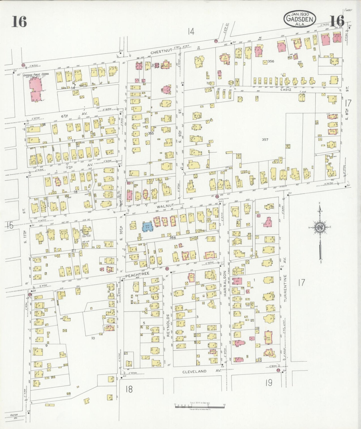 Sanborn Fire Insurance Map from Gadsden, Etowah County, Alabama (1930), Sheet #0016 - Historic Sanborn Fire Insurance Map Print, vintage old map wall art, antique decor, genealogy gift, Alabama Alabama map