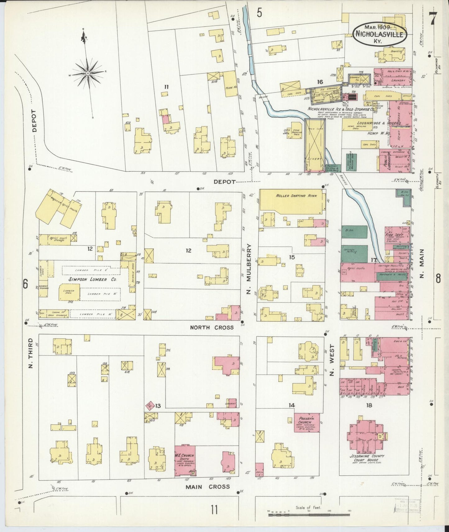 Sanborn Fire Insurance Map from Nicholasville, Jessamine County, Kentucky (1909), Sheet #0007 - Historic Sanborn Fire Insurance Map Print, vintage old map wall art, antique decor, genealogy gift, Kentucky Kentucky map