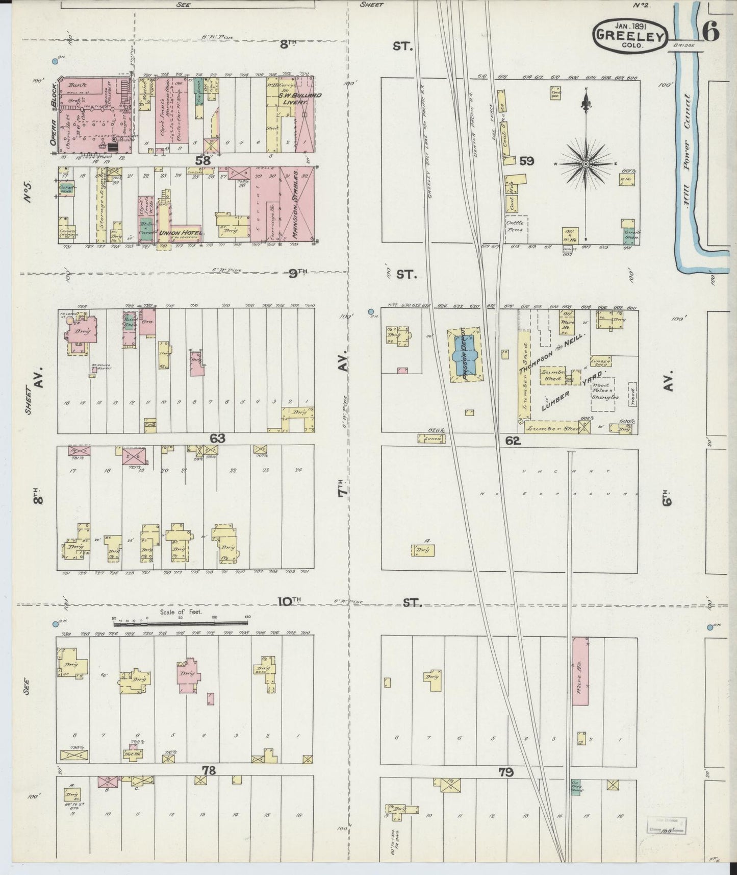 Sanborn Fire Insurance Map from Greeley, Weld County, Colorado (1891), Sheet #0006 - Historic Sanborn Fire Insurance Map Print, vintage old map wall art, antique decor, genealogy gift, Colorado Colorado map