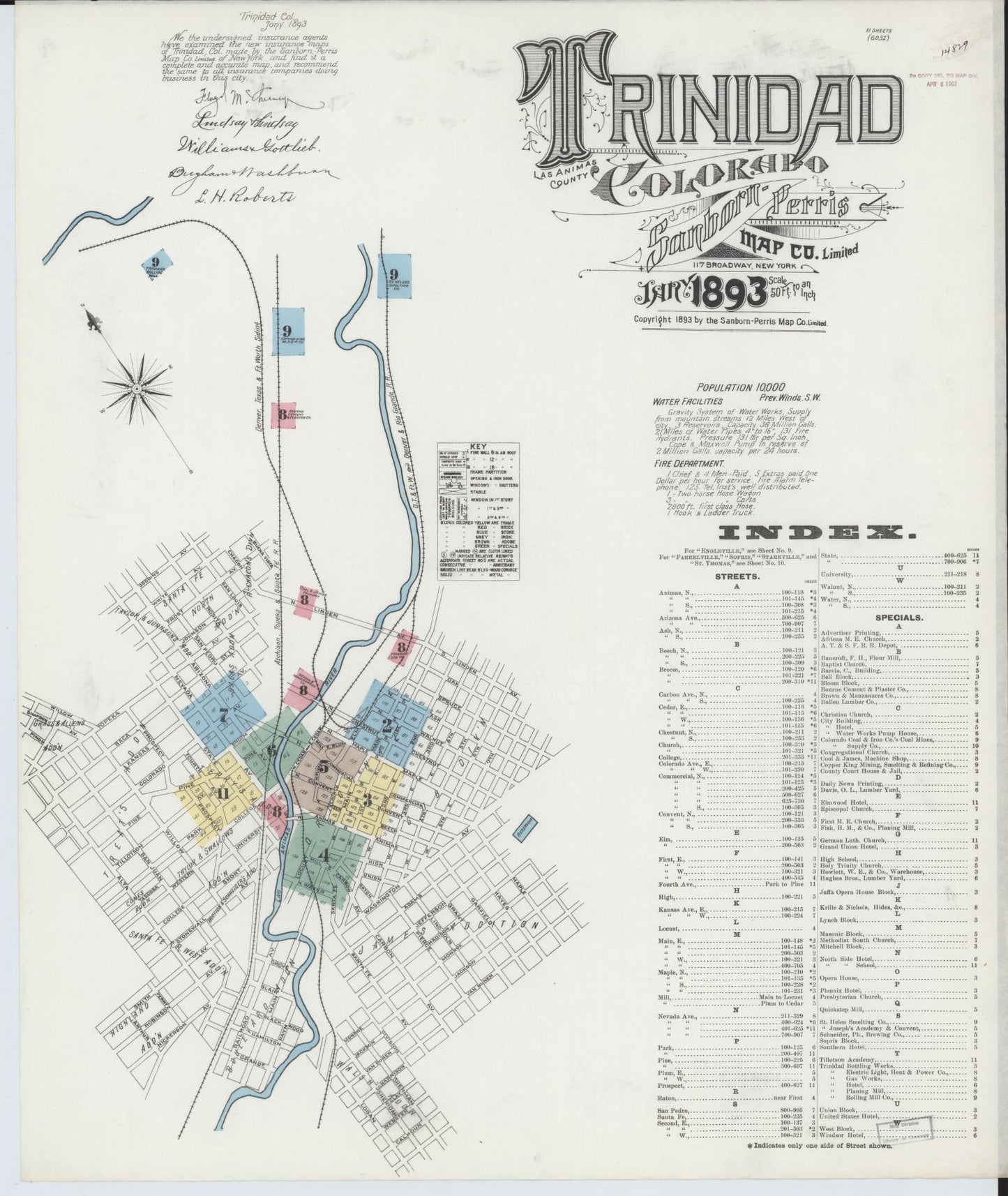 Sanborn Fire Insurance Map from Trinidad, Las Animas County, Colorado (1893), Sheet #0001 - Historic Sanborn Fire Insurance Map Print, vintage old map wall art, antique decor, genealogy gift, Colorado Colorado map