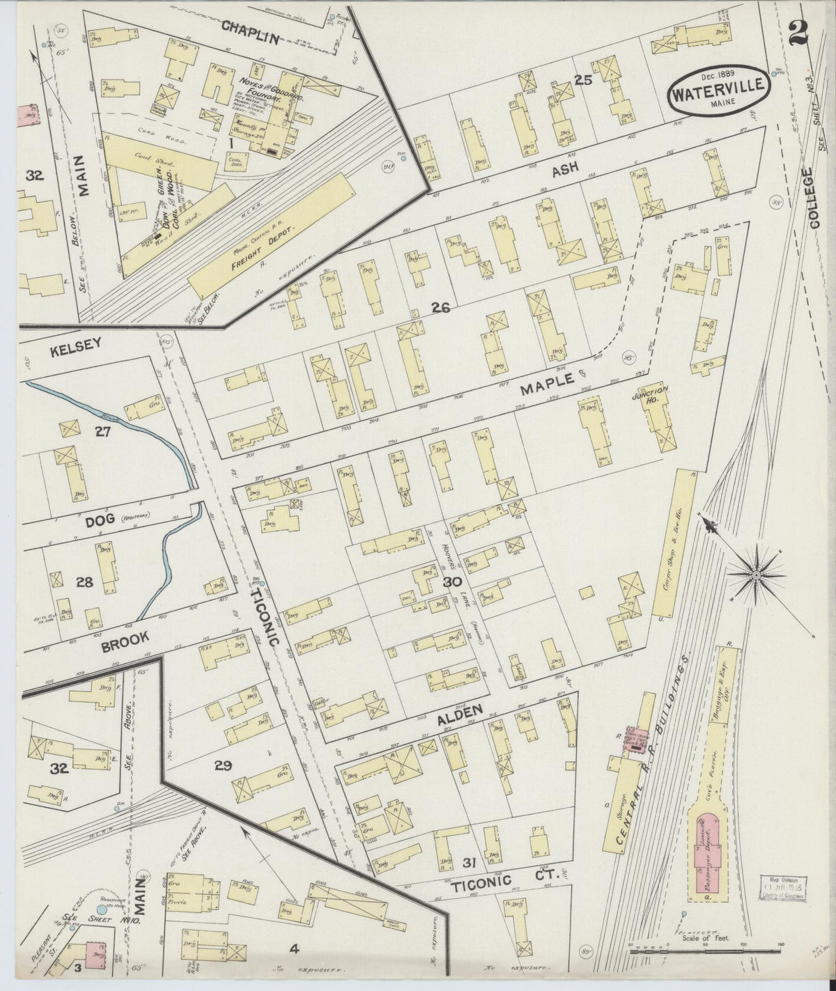 Sanborn Fire Insurance Map from Waterville, Kennebec County, Maine (1889), Sheet #0002 - Historic Sanborn Fire Insurance Map Print, vintage old map wall art, antique decor, genealogy gift, Maine Maine map