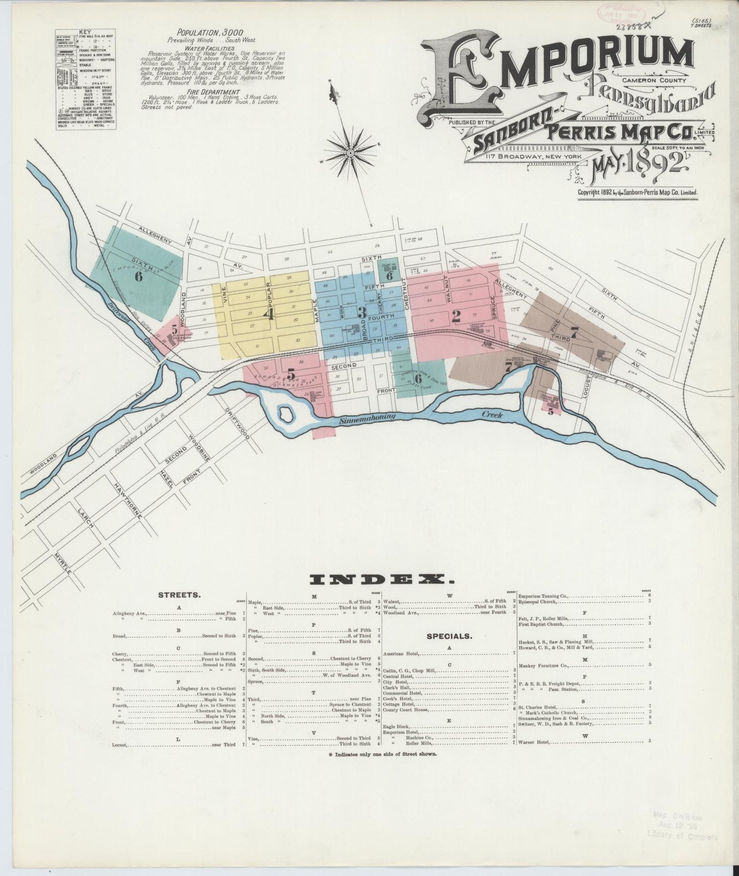 Sanborn Fire Insurance Map from Emporium, Cameron County, Pennsylvania (1892), Sheet #0001 - Historic Sanborn Fire Insurance Map Print, vintage old map wall art, antique decor, genealogy gift, Pennsylvania Pennsylvania map