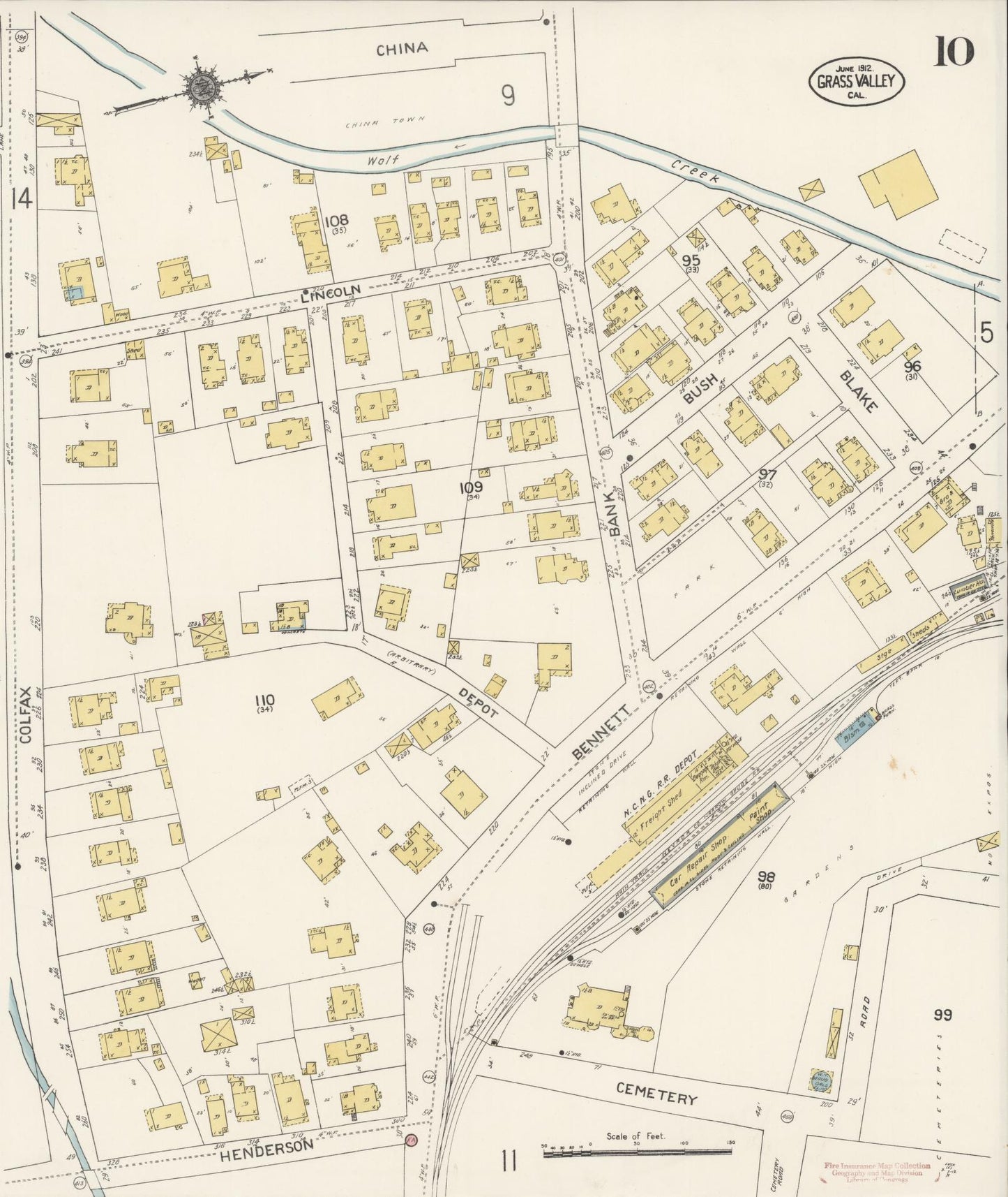 Sanborn Fire Insurance Map from Grass Valley, Nevada County, California (1912), Sheet #0010 - Historic Sanborn Fire Insurance Map Print, vintage old map wall art, antique decor, genealogy gift, Grass Valley Nevada map